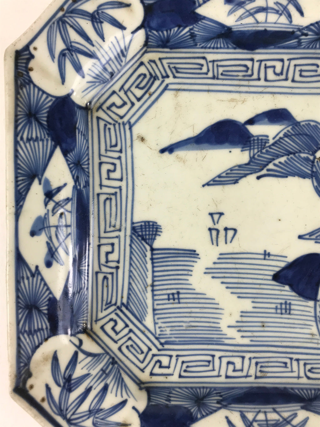 Antique C1900 Japanese Porcelain Plate Blue Sometsuke Mountains Scenery Sansui P