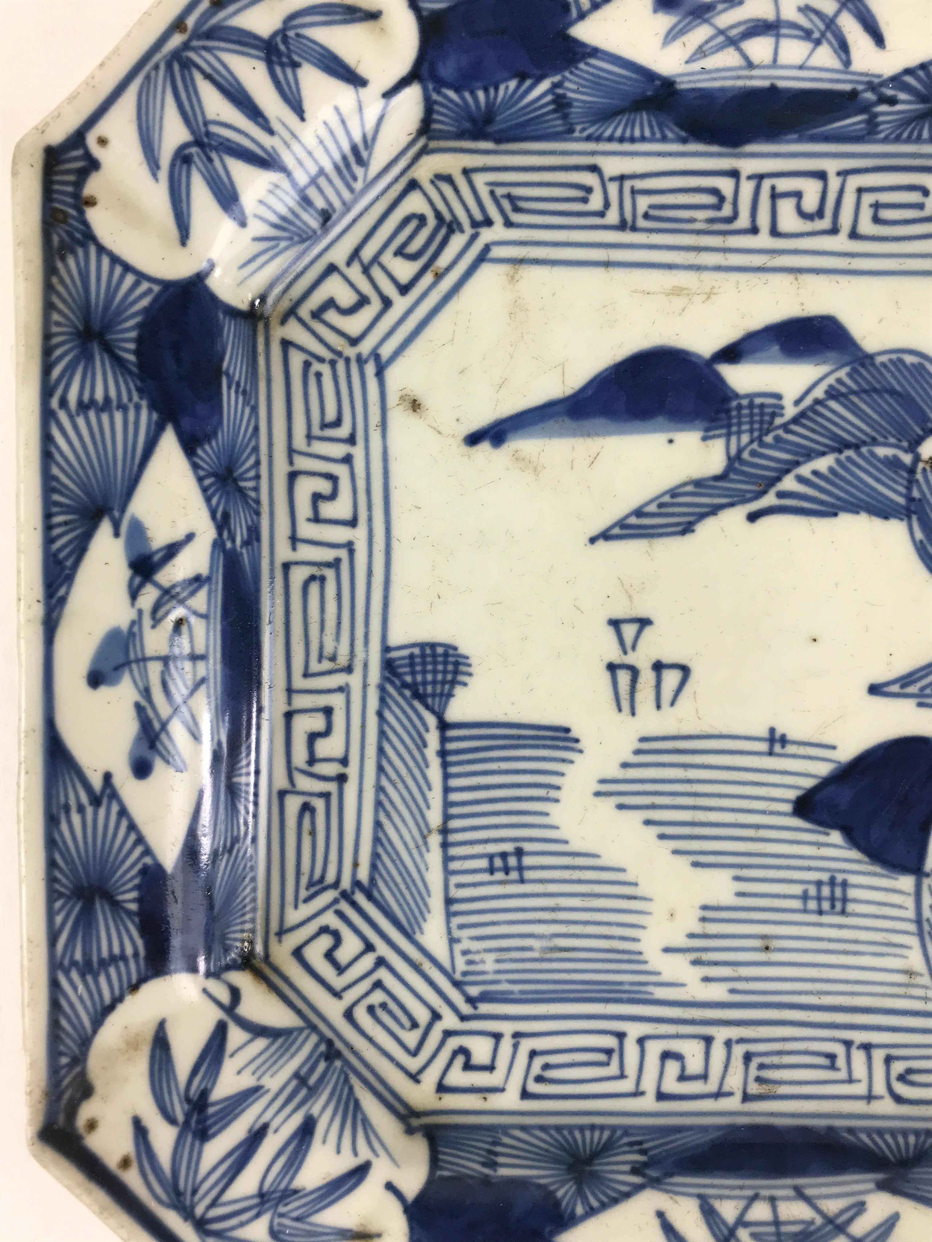 Antique C1900 Japanese Porcelain Plate Blue Sometsuke Mountains Scenery Sansui P
