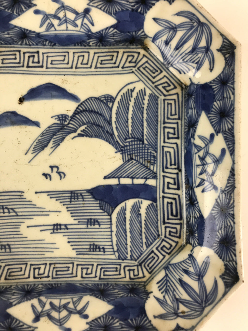 Antique C1900 Japanese Porcelain Plate Blue Sometsuke Mountains Scenery Sansui P
