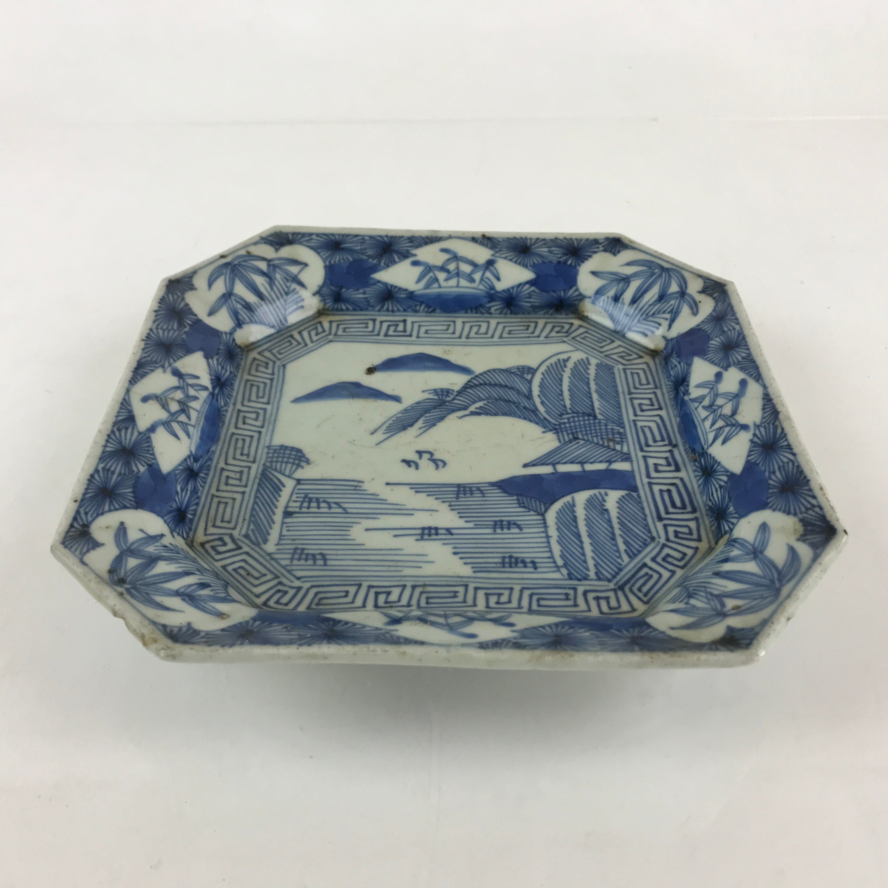 Antique C1900 Japanese Porcelain Plate Blue Sometsuke Mountains Scenery Sansui P