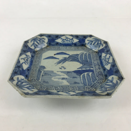 Antique C1900 Japanese Porcelain Plate Blue Sometsuke Mountains Scenery Sansui P