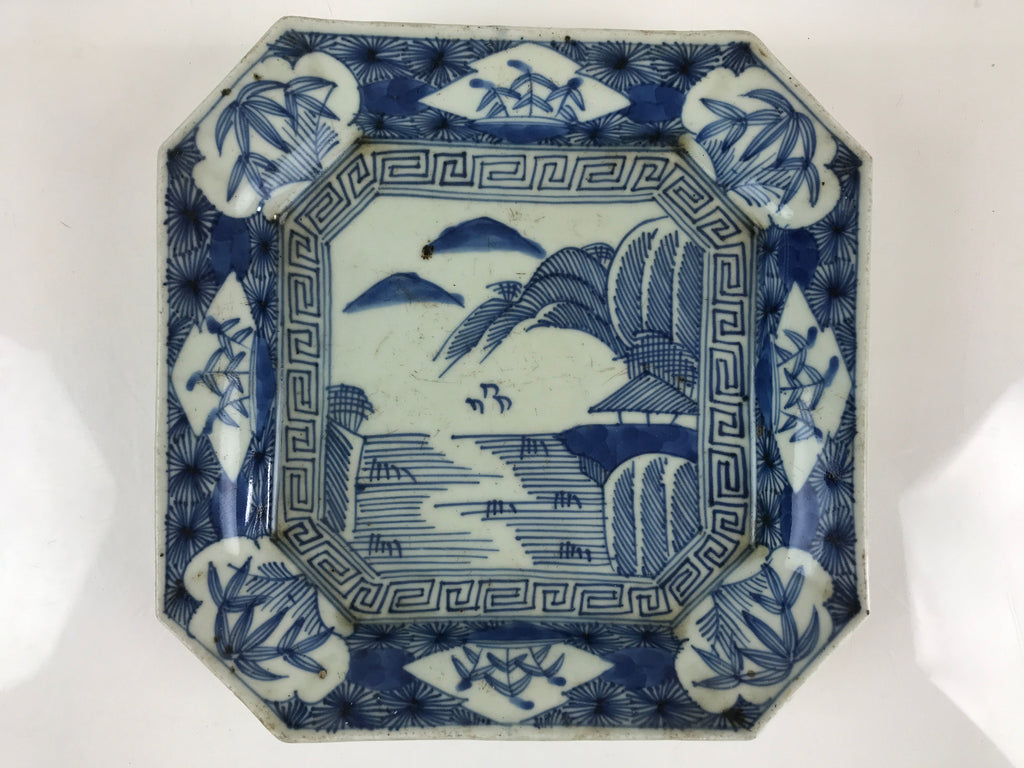 Antique C1900 Japanese Porcelain Plate Blue Sometsuke Mountains Scenery Sansui P