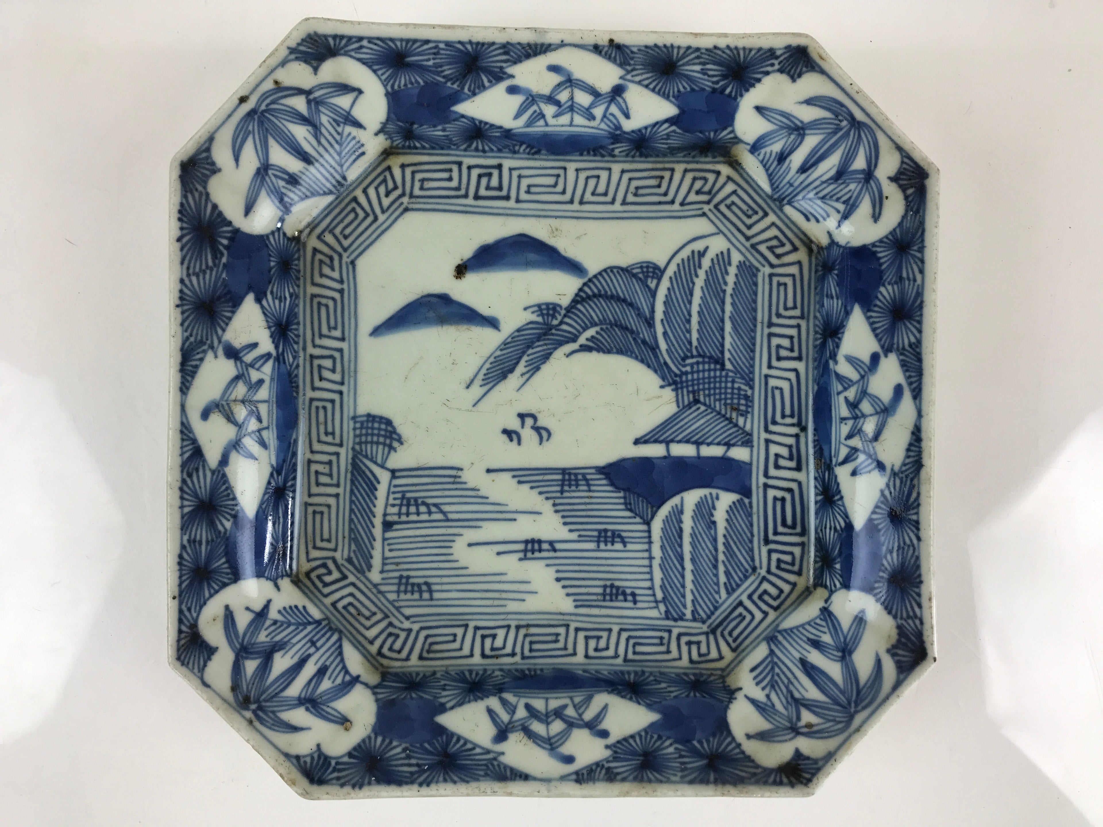 Antique C1900 Japanese Porcelain Plate Blue Sometsuke Mountains Scenery Sansui P