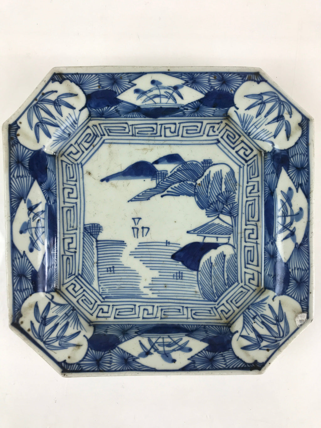 Antique C1900 Japanese Porcelain Plate Blue Sometsuke Mountains Scenery Sansui P