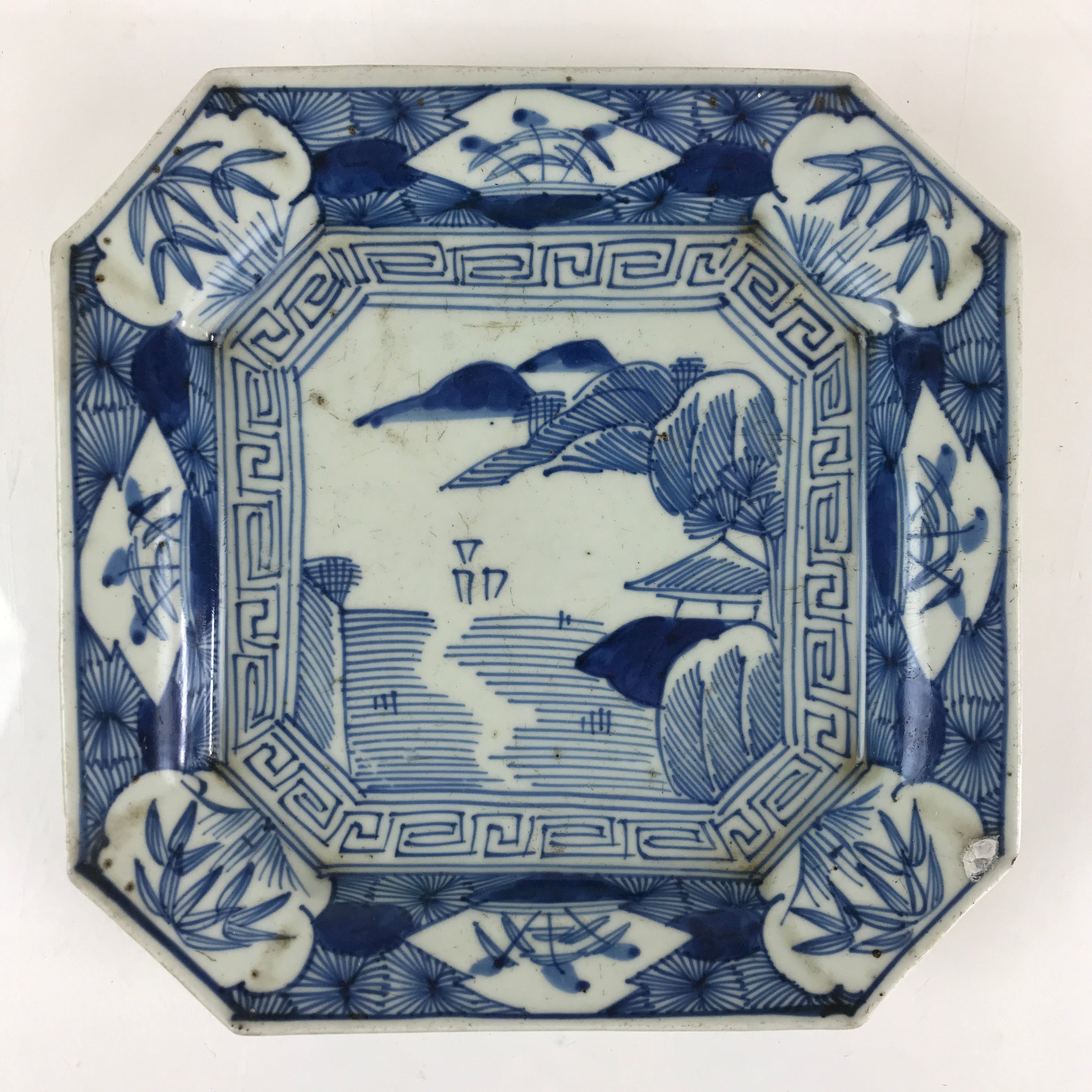Antique C1900 Japanese Porcelain Plate Blue Sometsuke Mountains Scenery Sansui P