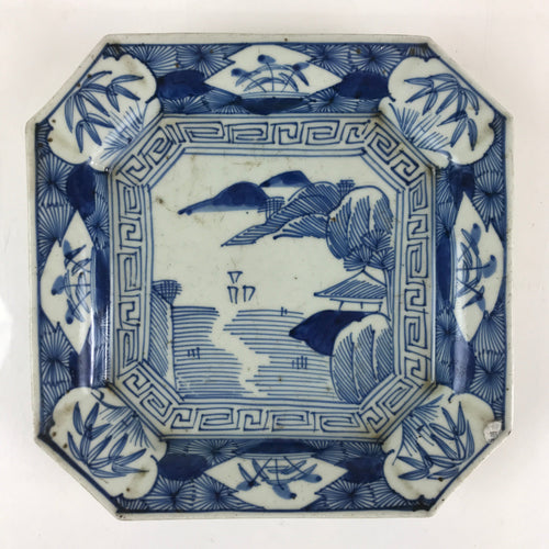 Antique C1900 Japanese Porcelain Plate Blue Sometsuke Mountains Scenery Sansui P