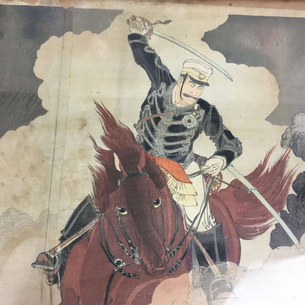 Antique C1900 Japanese War Painting Art Vtg Framed Hand Drawn Senso-e FL13