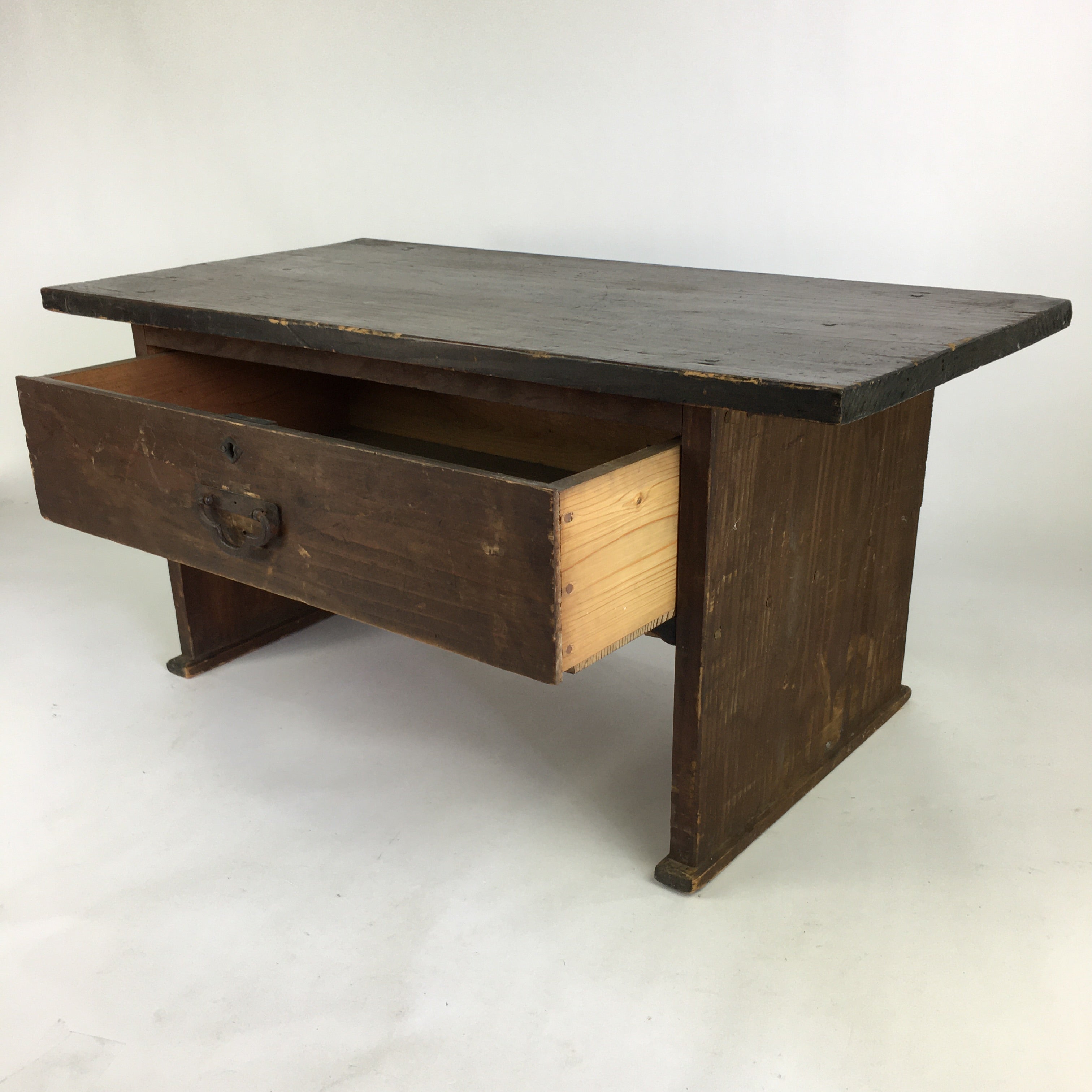 Antique C1900 Japanese Wooden Low Desk 1 Drawer Brown Iron Handle T309