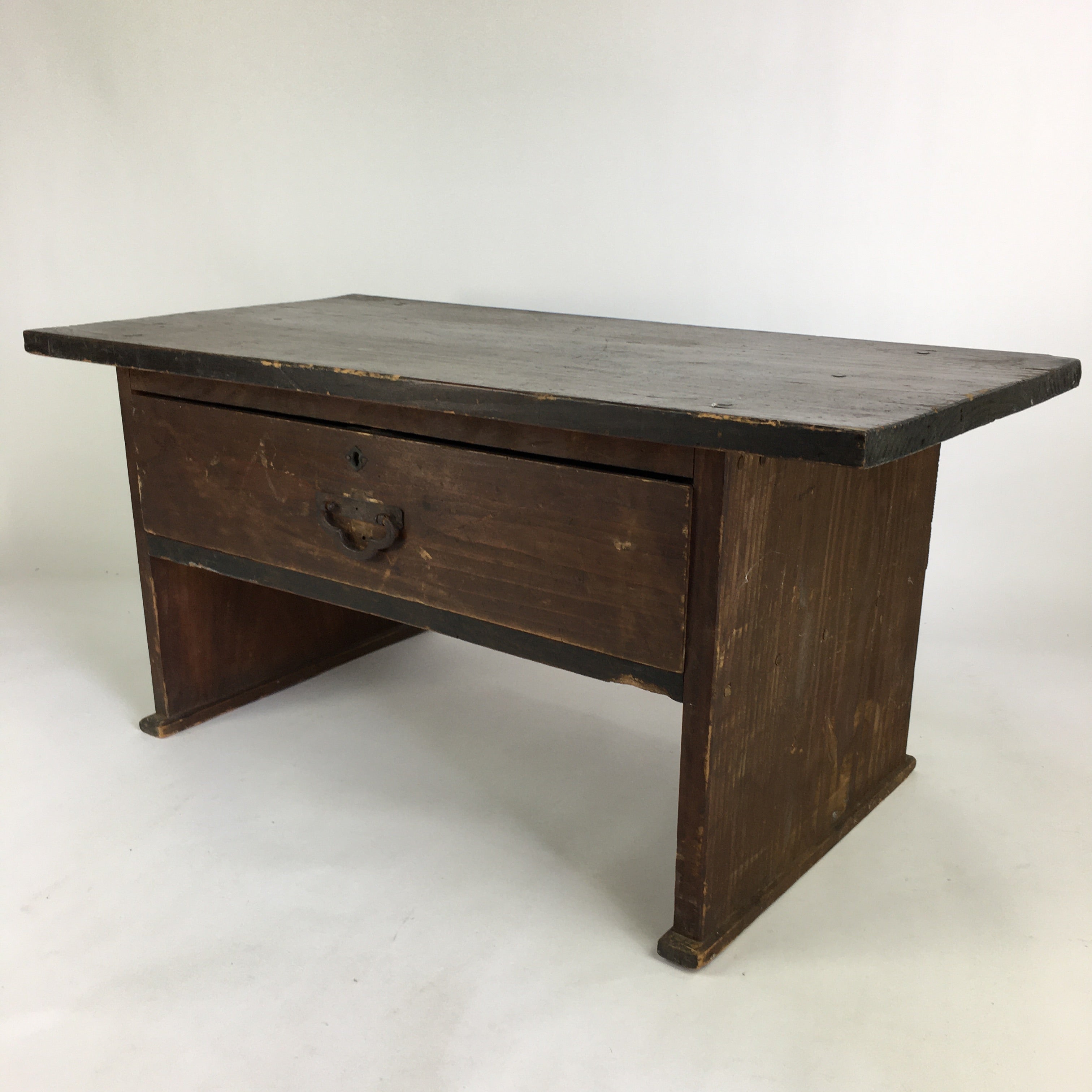 Antique C1900 Japanese Wooden Low Desk 1 Drawer Brown Iron Handle T309