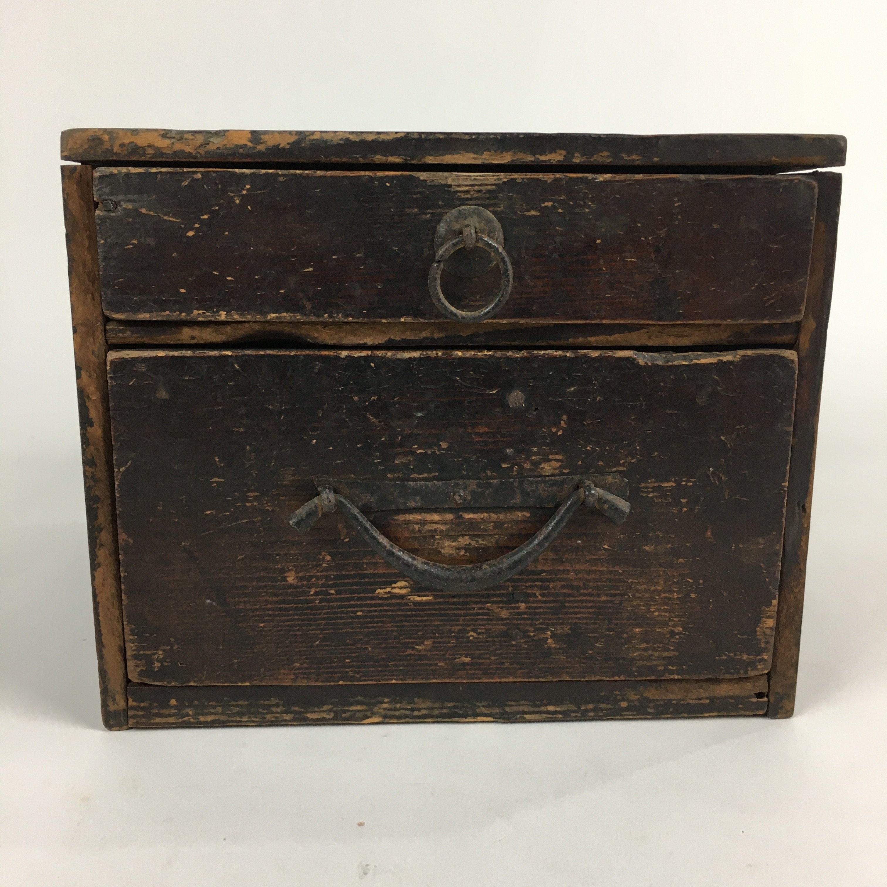 Antique C1900 Japanese Wooden Sewing Box Haribako Chest Tansu Brown T267