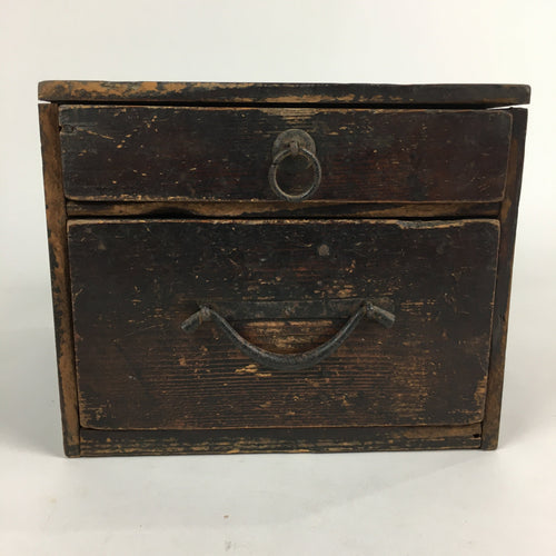 Antique C1900 Japanese Wooden Sewing Box Haribako Chest Tansu Brown T267