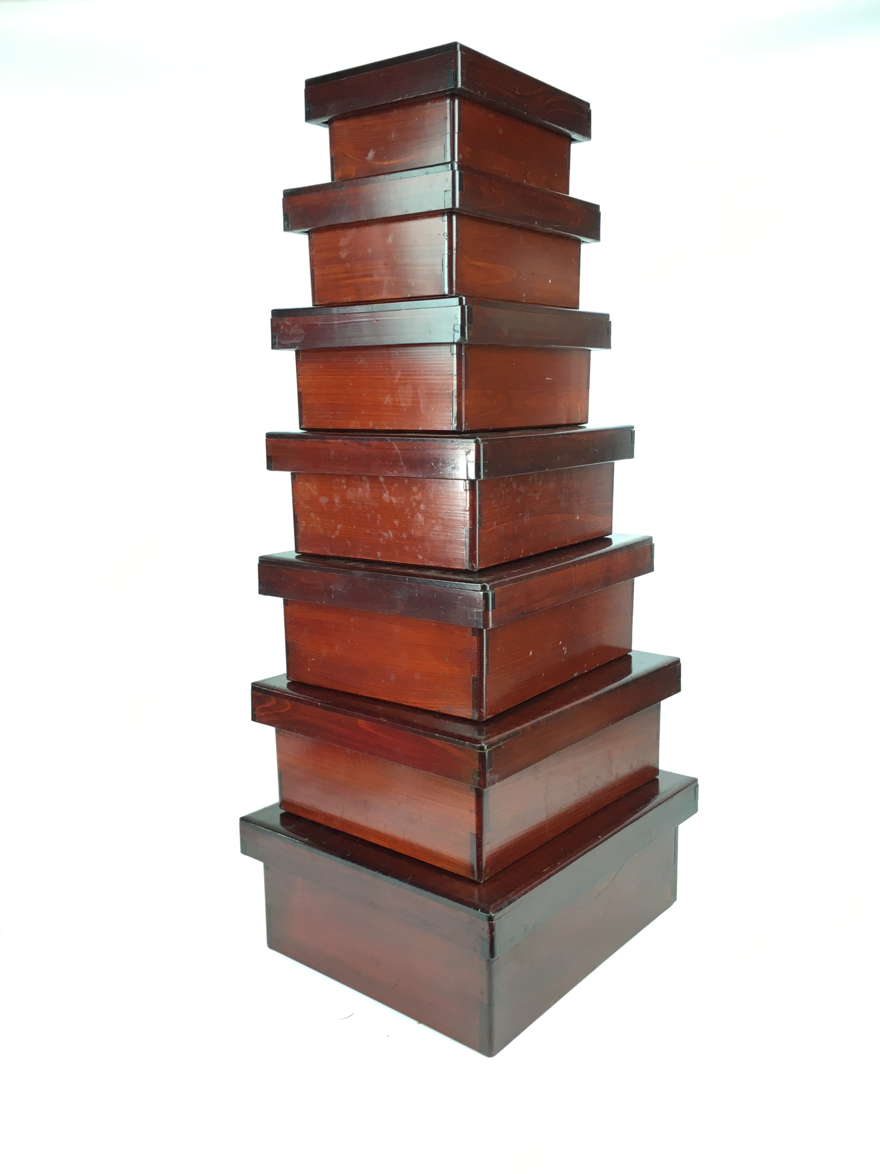 Antique C1900 Meiji Japanese Wood Lacquer Lidded Stackable Box 7 Set Box UR490