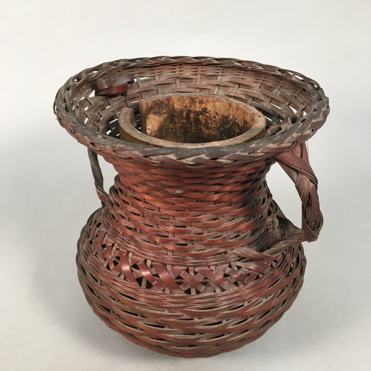 Antique Japanese Bamboo Basket Flower Vase Ikebana Arrangement Kado B138