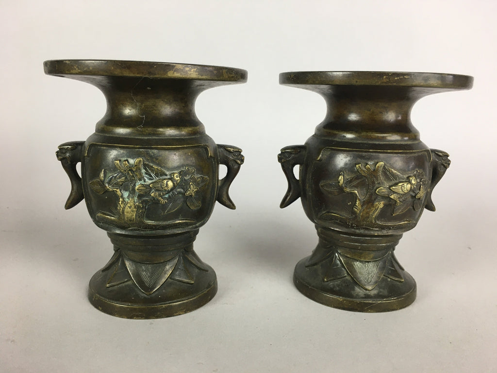 Antique Japanese Bronze Buddhist Altar Fitting Flower Vase 2pc Set Butsudan B433