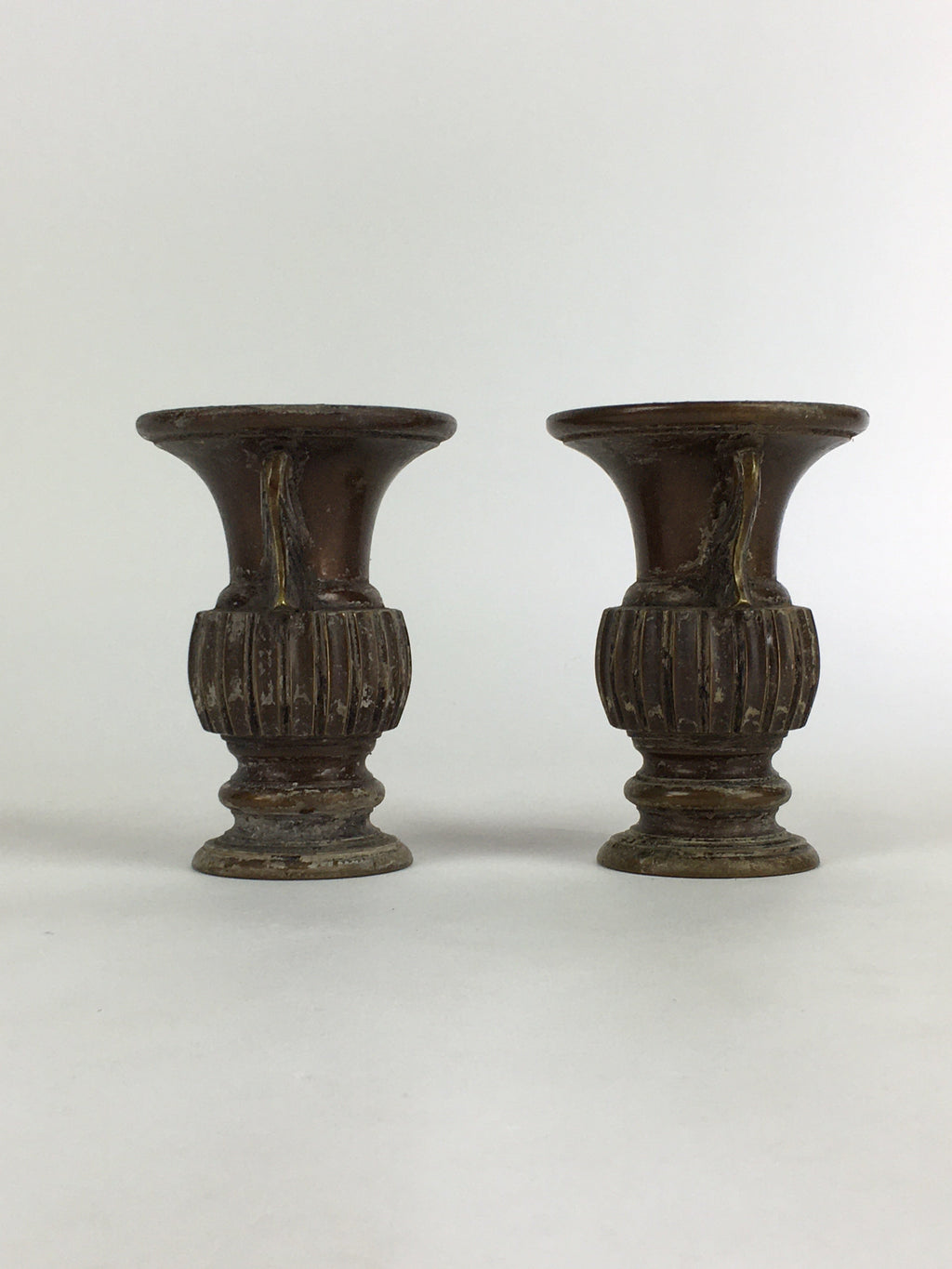 Antique Japanese Bronze Buddhist Altar Fitting Flower Vase 2pc Set Butsudan BU65