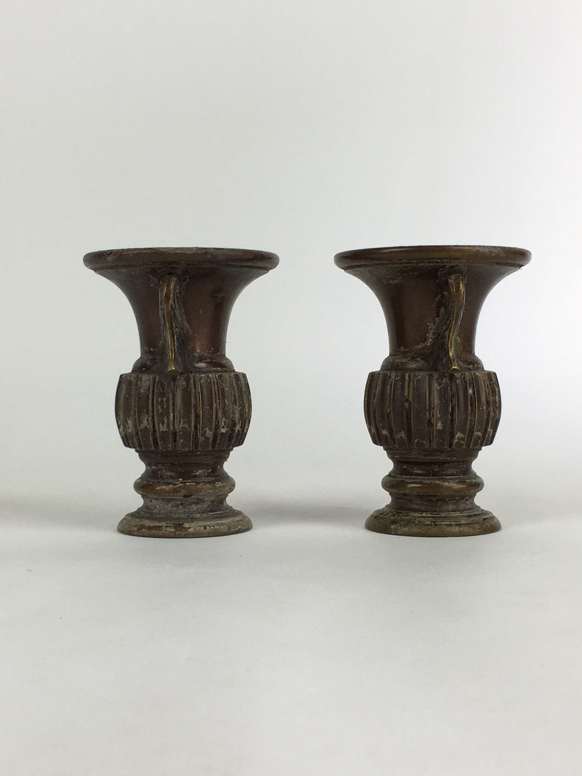 Antique Japanese Bronze Buddhist Altar Fitting Flower Vase 2pc Set Butsudan BU65