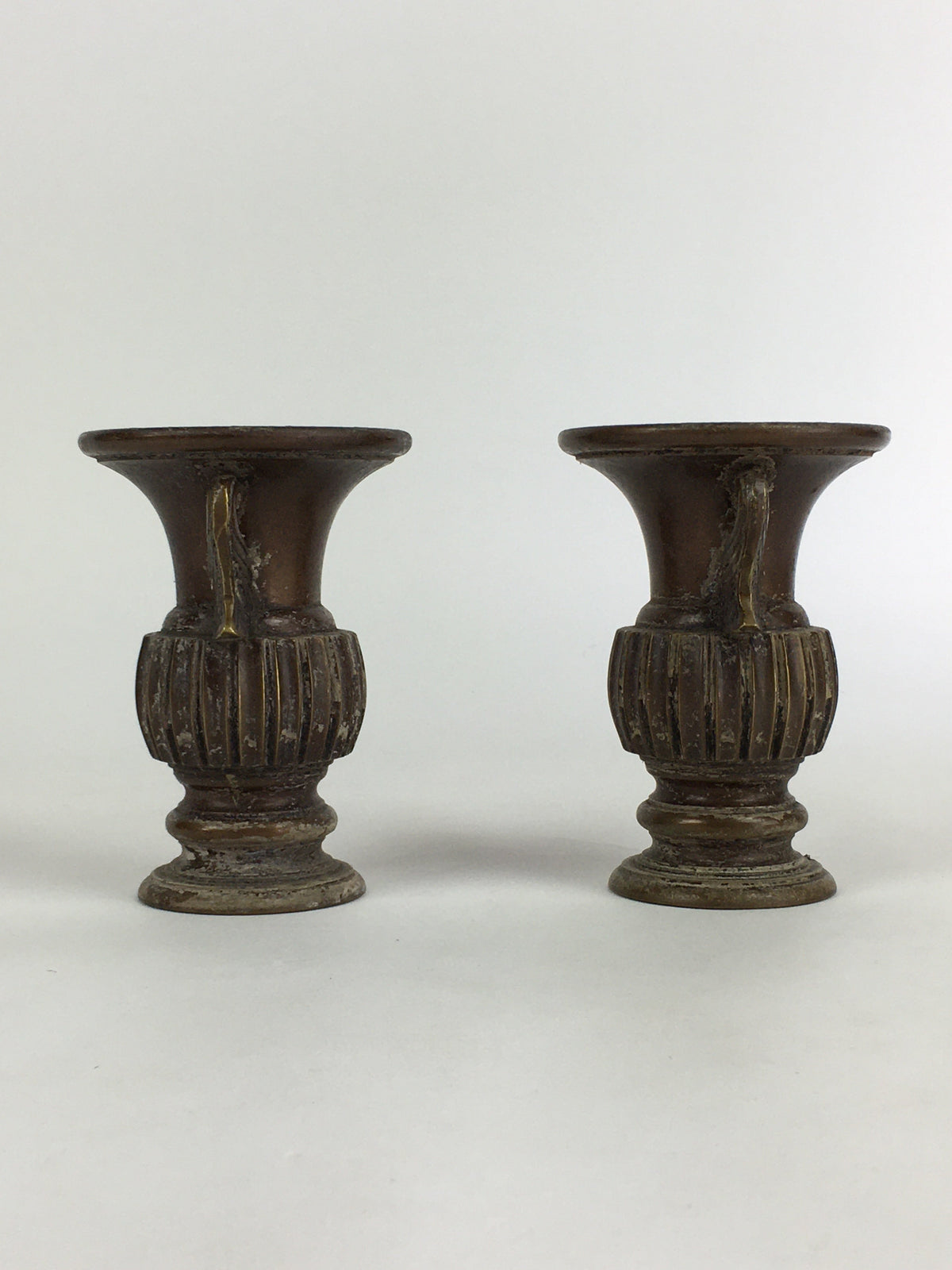 Antique Japanese Bronze Buddhist Altar Fitting Flower Vase 2pc Set Butsudan BU65