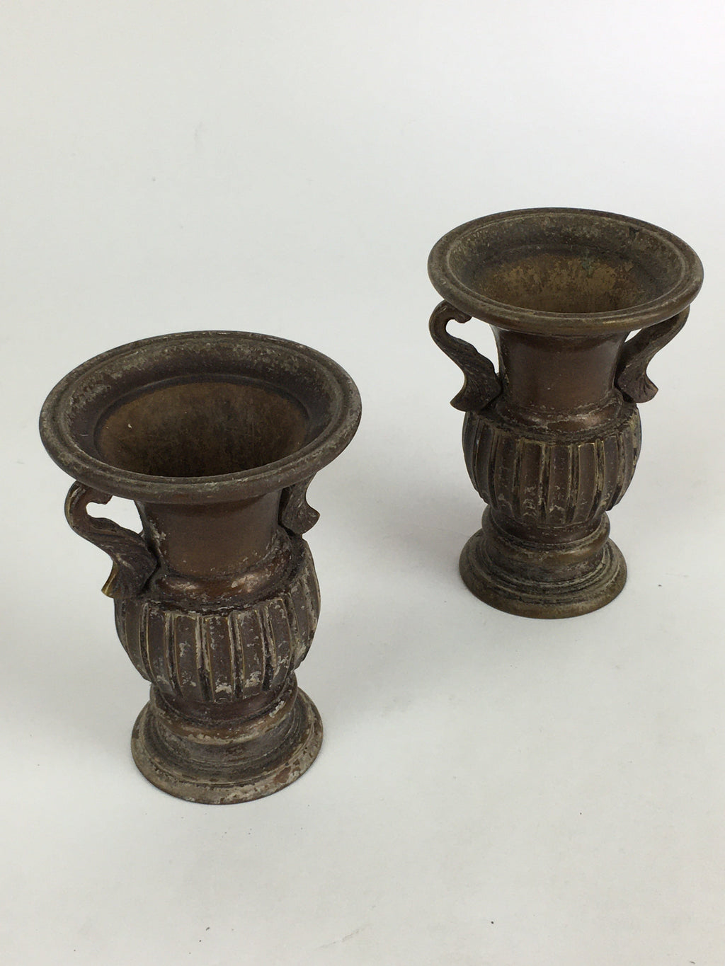 Antique Japanese Bronze Buddhist Altar Fitting Flower Vase 2pc Set Butsudan BU65