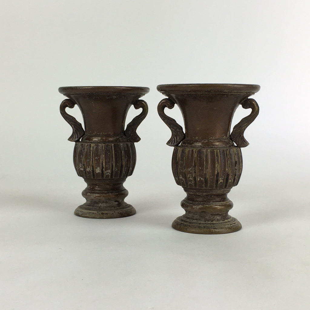 Antique Japanese Bronze Buddhist Altar Fitting Flower Vase 2pc Set Butsudan BU65