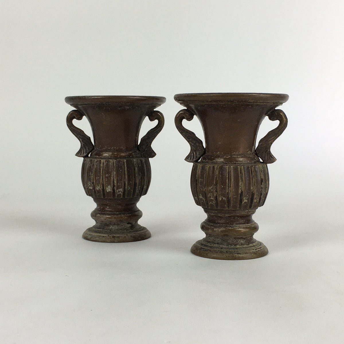 Antique Japanese Bronze Buddhist Altar Fitting Flower Vase 2pc Set Butsudan BU65