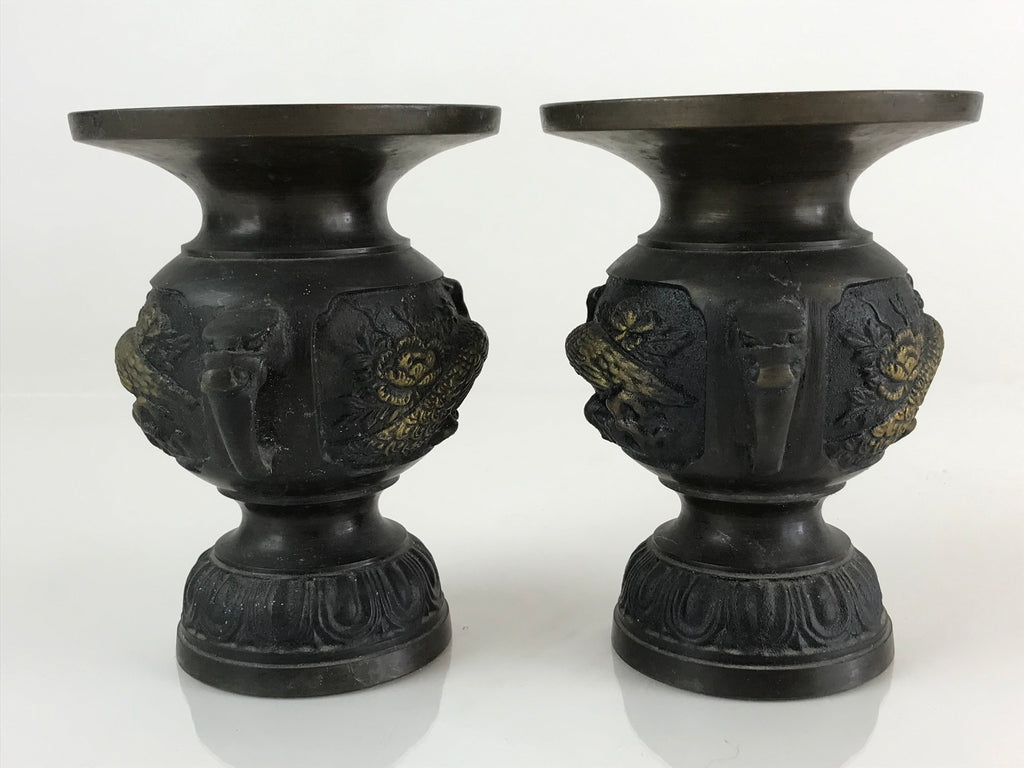 Antique Japanese Bronze Buddhist Altar Fitting Flower Vase 2pc Set Butsudan BU745