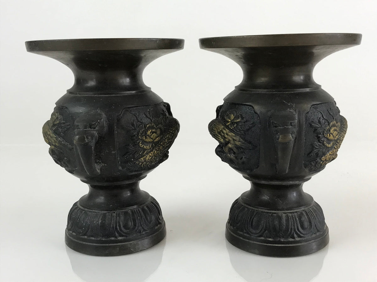 Antique Japanese Bronze Buddhist Altar Fitting Flower Vase 2pc Set Butsudan BU745