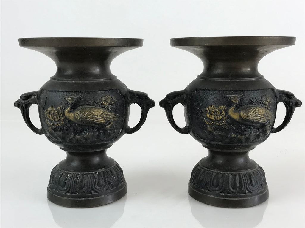 Antique Japanese Bronze Buddhist Altar Fitting Flower Vase 2pc Set Butsudan BU745