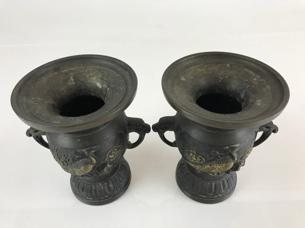 Antique Japanese Bronze Buddhist Altar Fitting Flower Vase 2pc Set Butsudan BU745