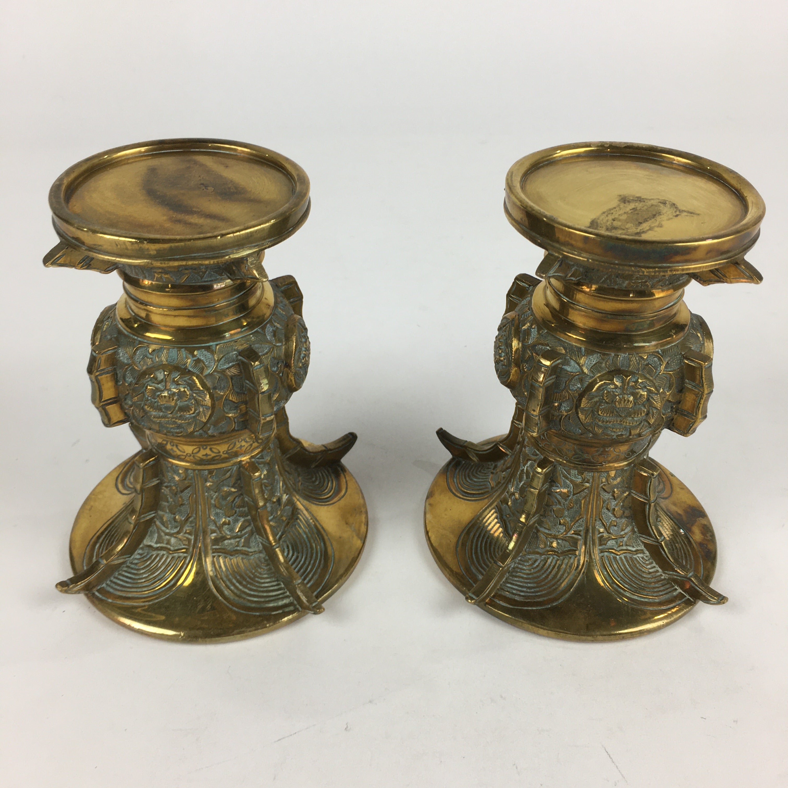 Antique Japanese Buddhist Altar Fitting Flower Vase Stand Pair Brass BU707
