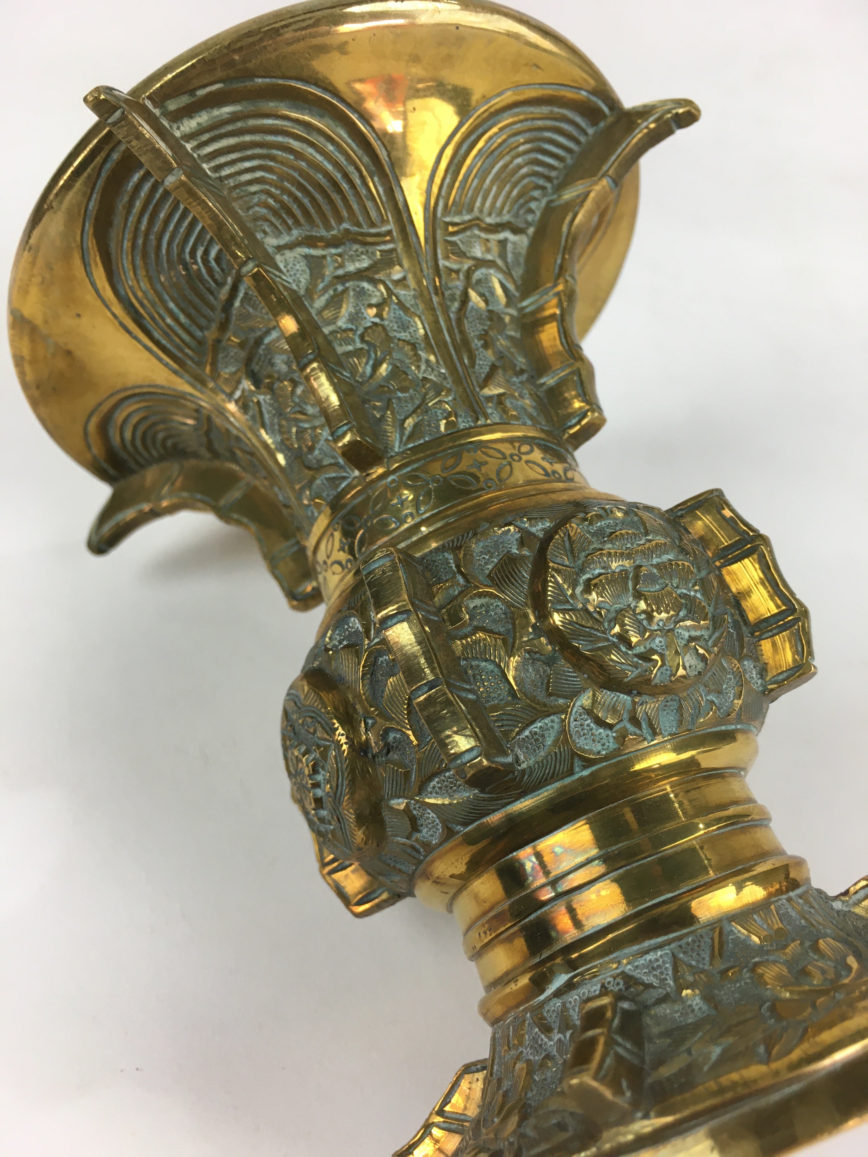 Antique Japanese Buddhist Altar Fitting Flower Vase Stand Pair Brass BU707