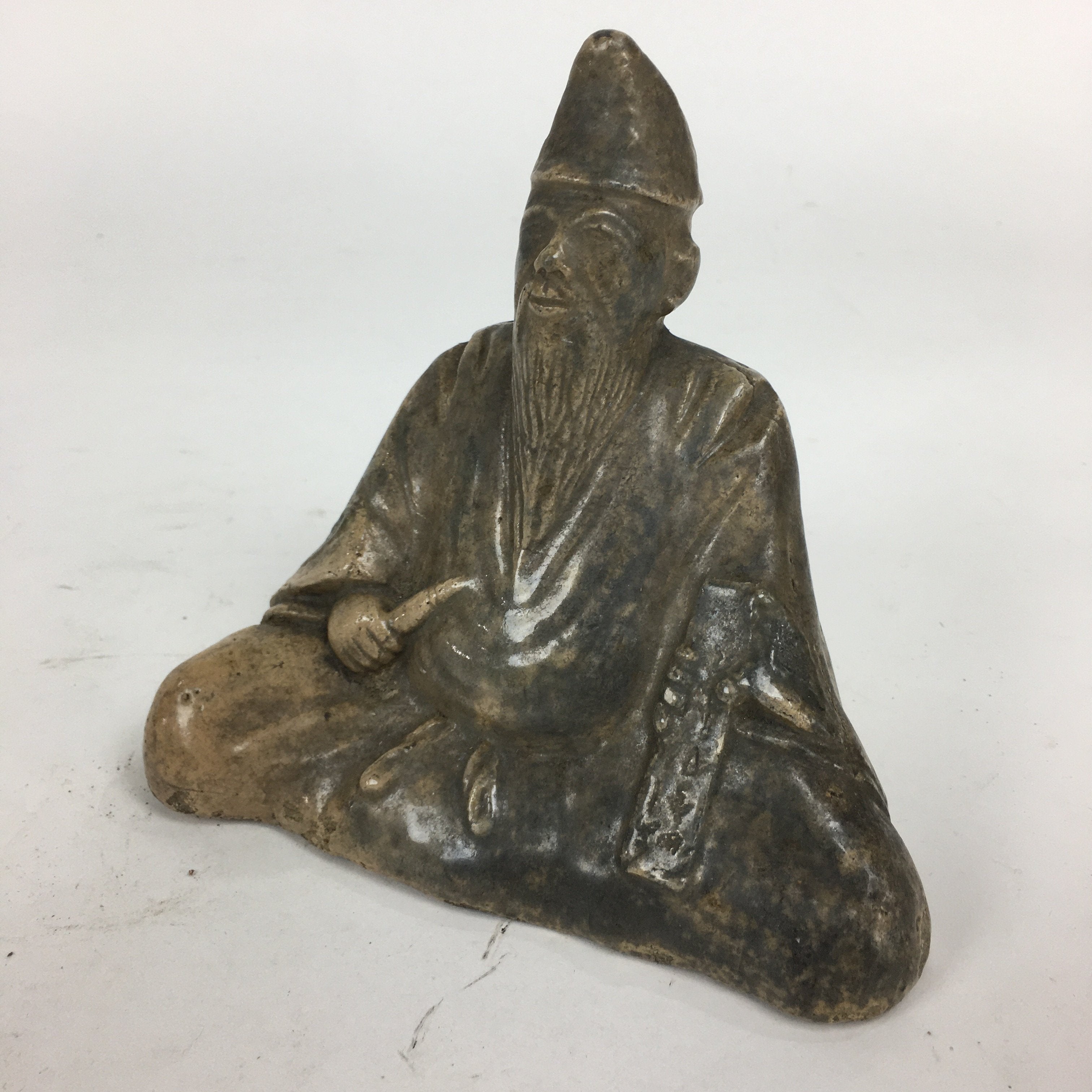 Antique Japanese Ceramic Statue Kakinomoto no Hitomaro Figurine Pottery BD701
