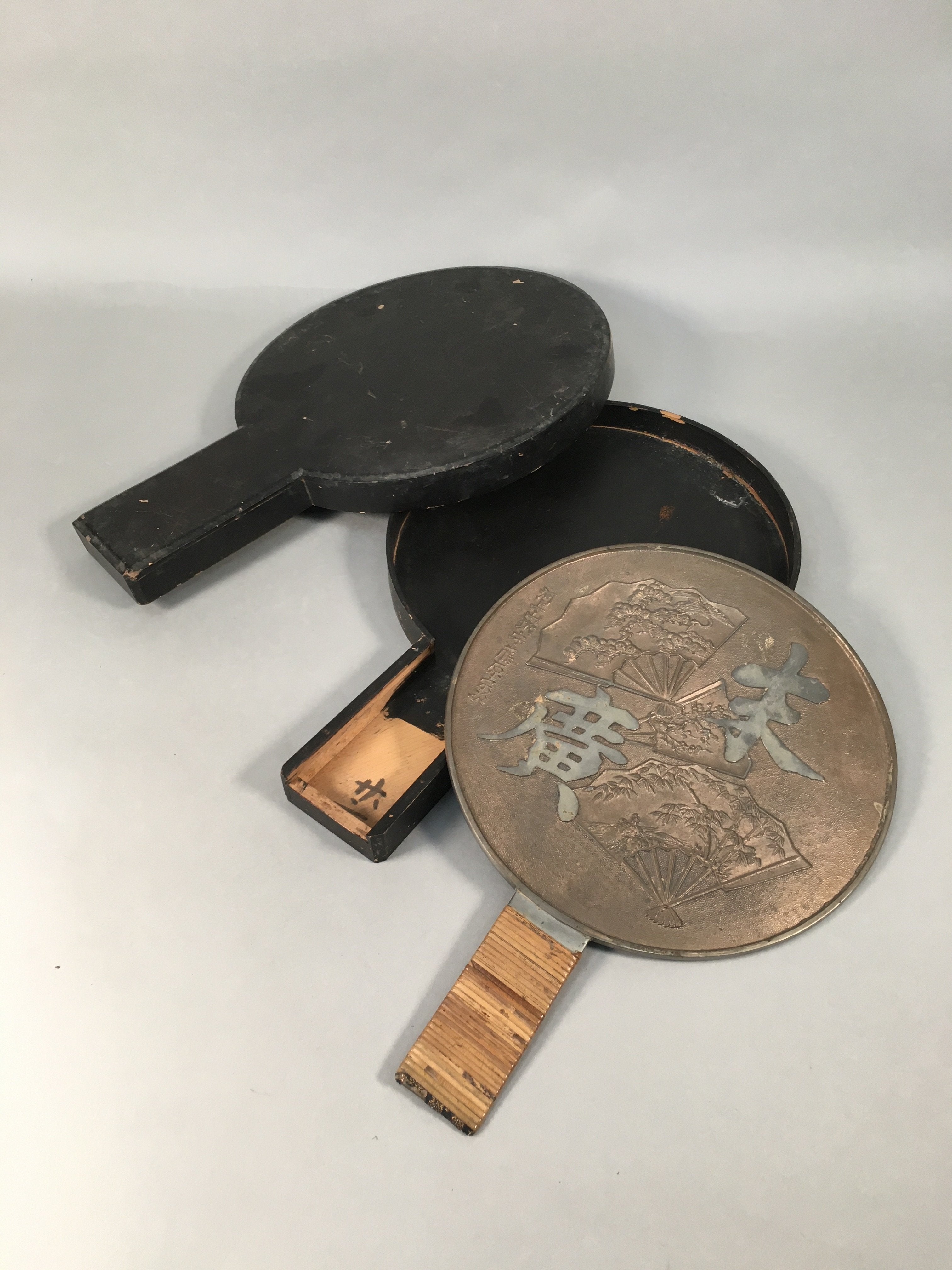 Antique Japanese Copper Hand Mirror Signed Wood Lacquer Case C1900 JK178
