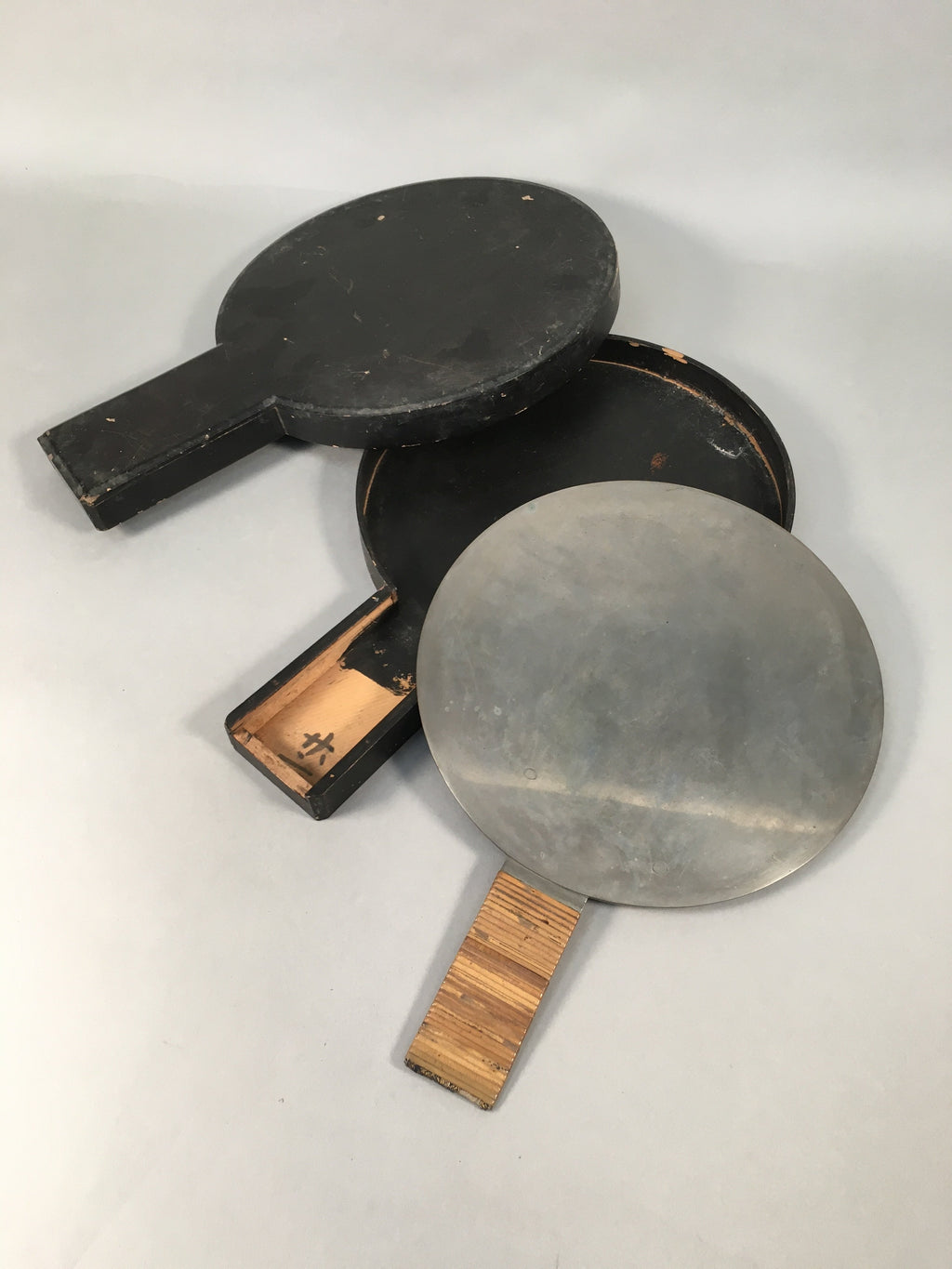 Antique Japanese Copper Hand Mirror Signed Wood Lacquer Case C1900 JK178