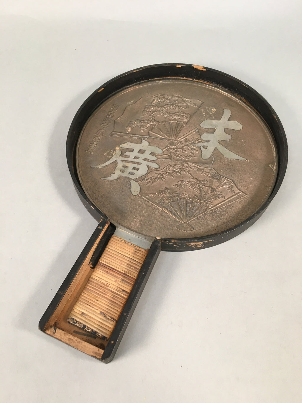 Antique Japanese Copper Hand Mirror Signed Wood Lacquer Case C1900 JK178