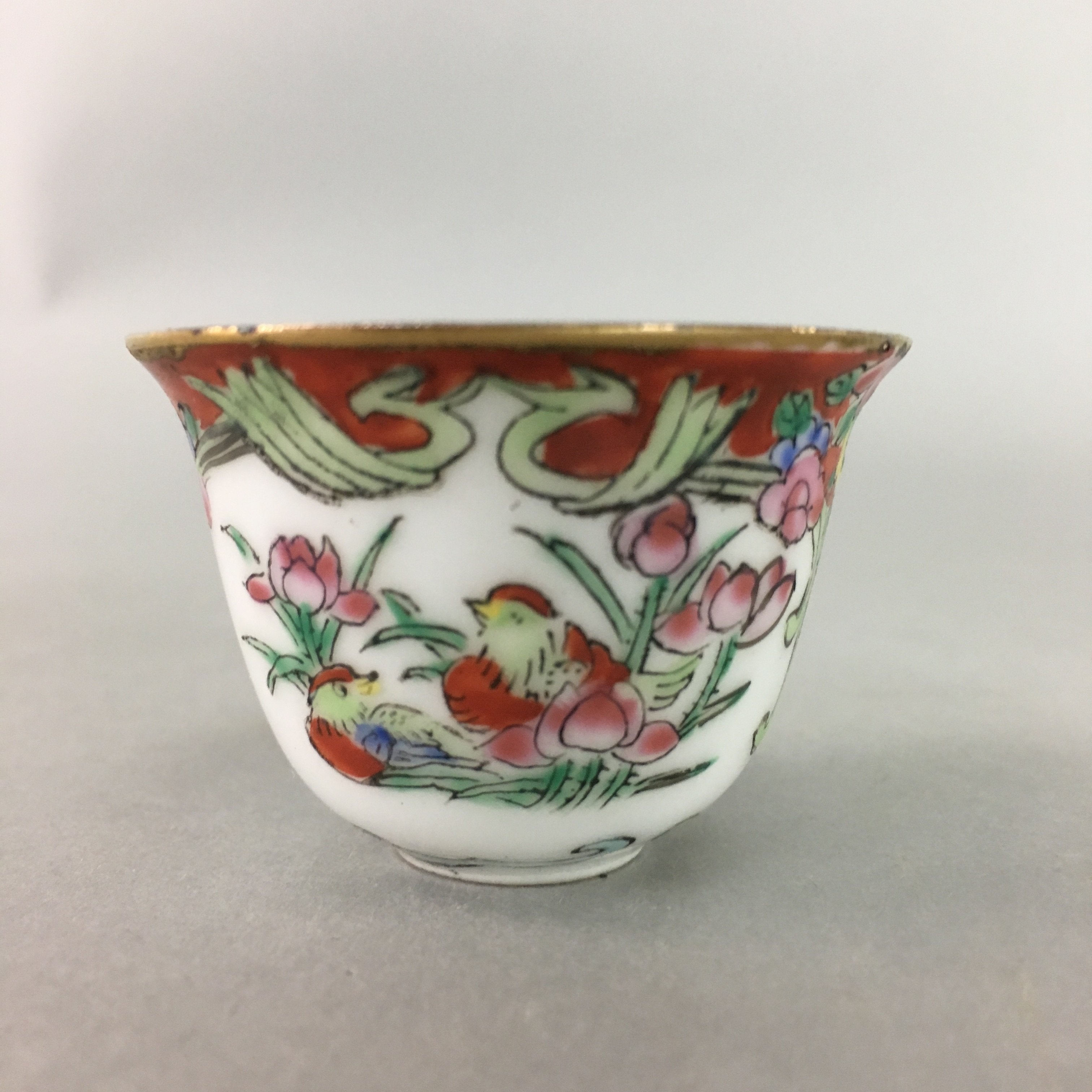 Antique Japanese Eggshell Porcelain Sake Cup Guinomi Sakazuki Bird Flower GU626