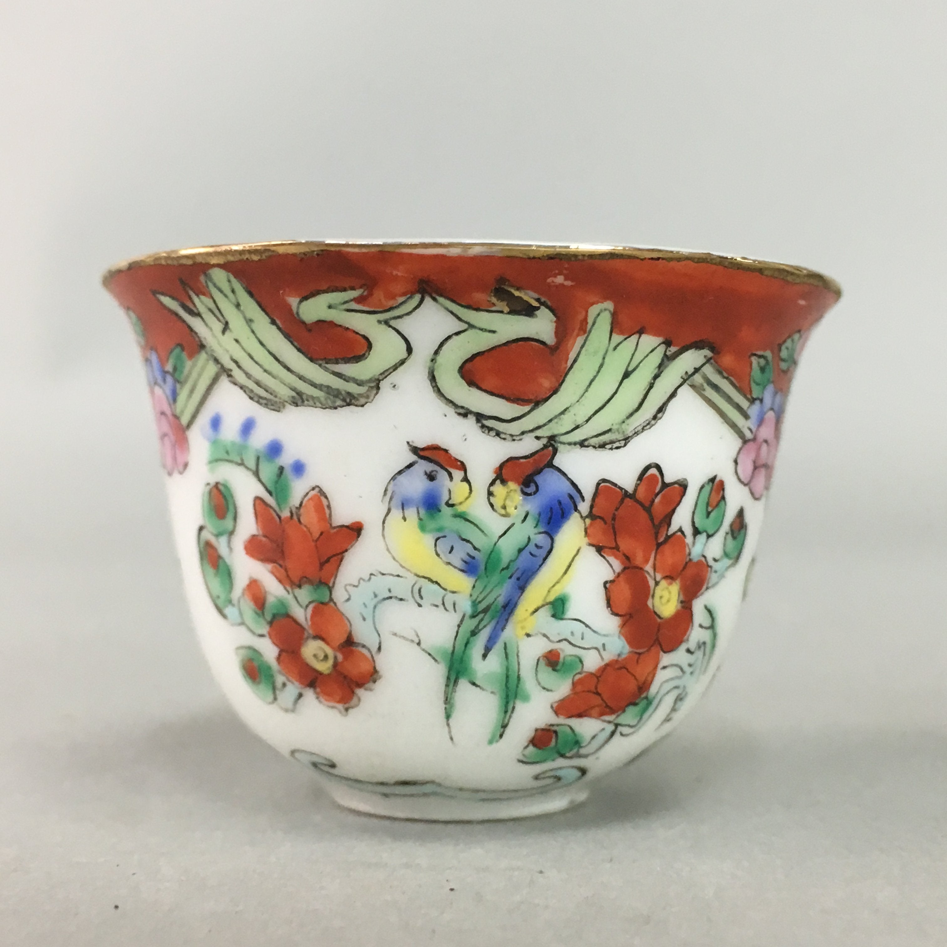 Antique Japanese Eggshell Porcelain Sake Cup Guinomi Sakazuki Bird Flower GU631