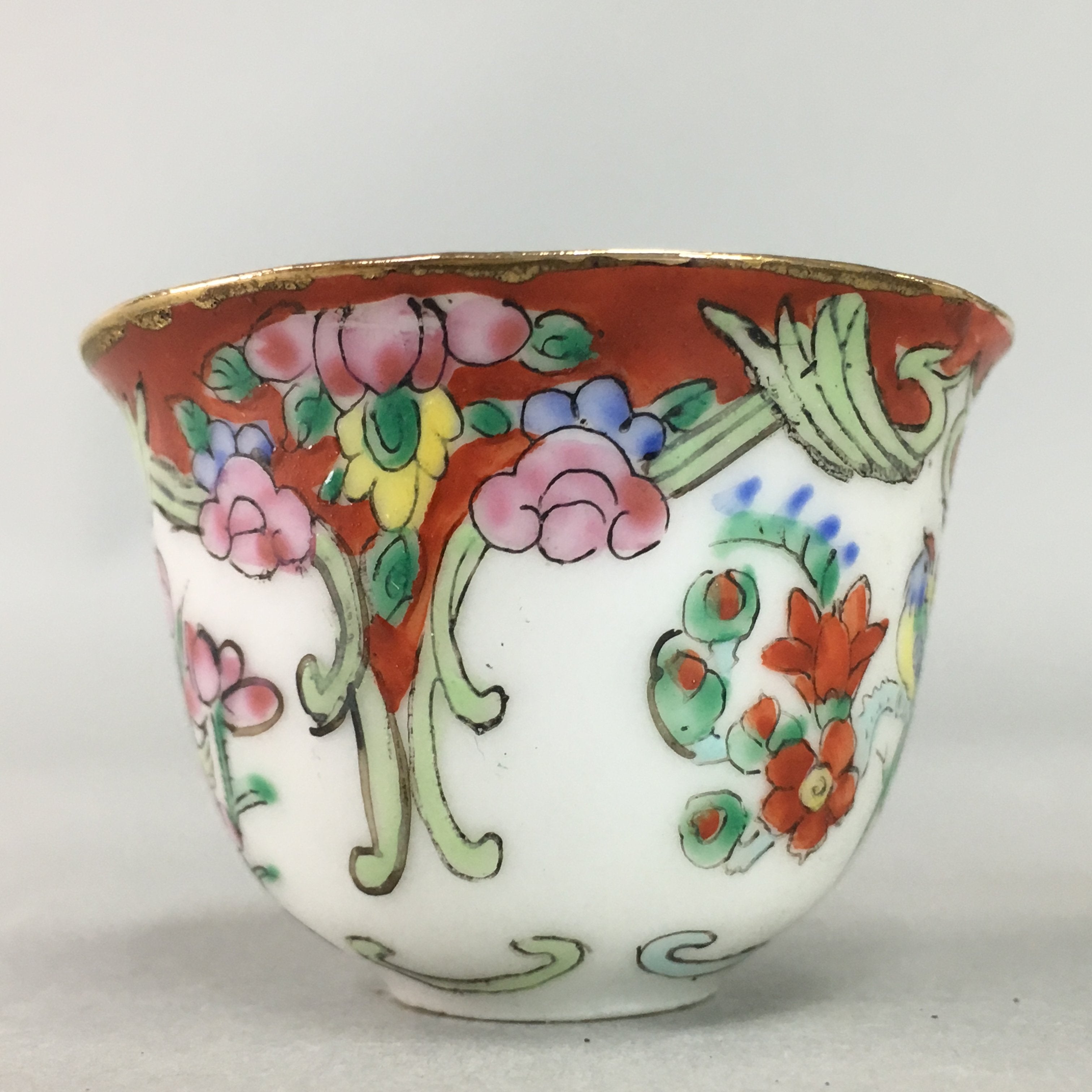 Antique Japanese Eggshell Porcelain Sake Cup Guinomi Sakazuki Bird Flower GU631