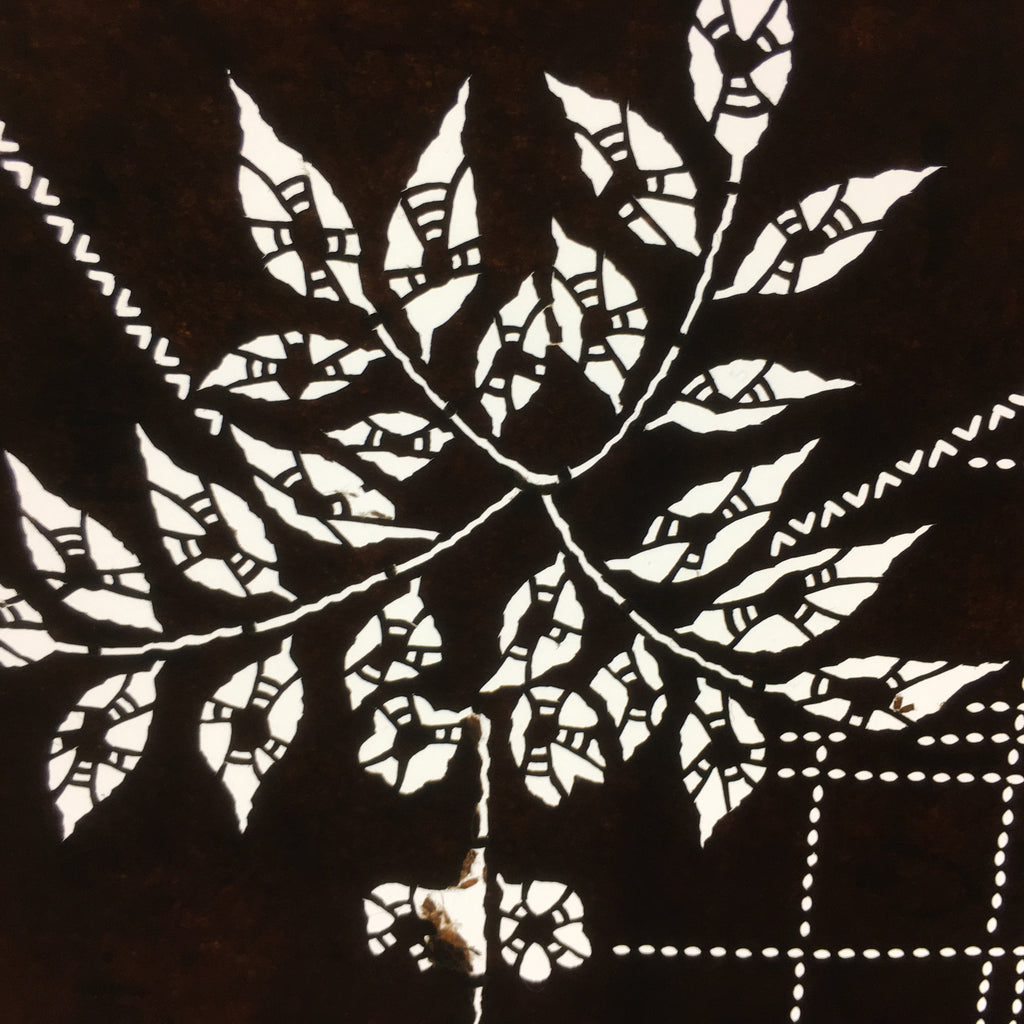 Antique Japanese Ise Katagami Kimono Stencil Square Plaid Letter Leaf A195