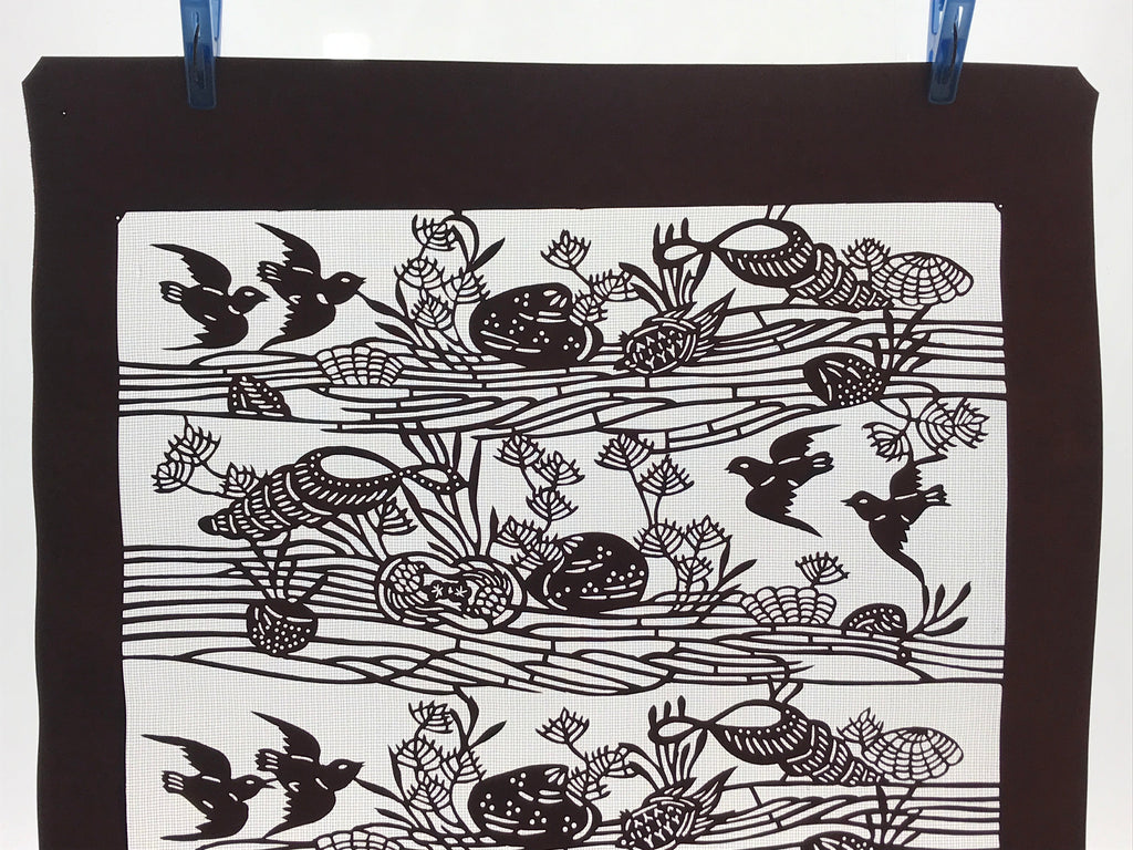 Antique Japanese Katagami Kimono Paper Stencil Beach Shells Turtle Bird 4Y468