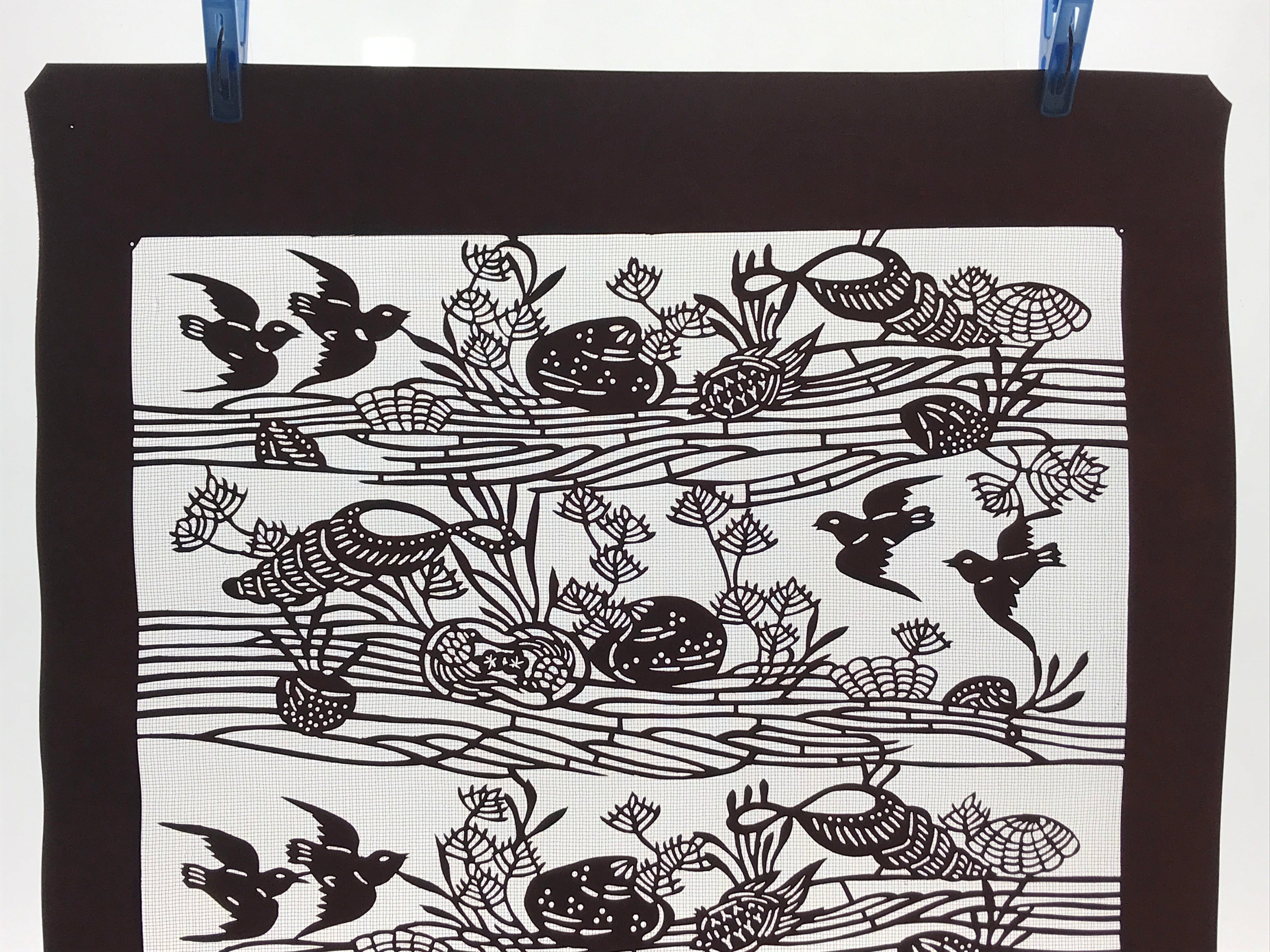 Antique Japanese Katagami Kimono Paper Stencil Beach Shells Turtle Bird 4Y468