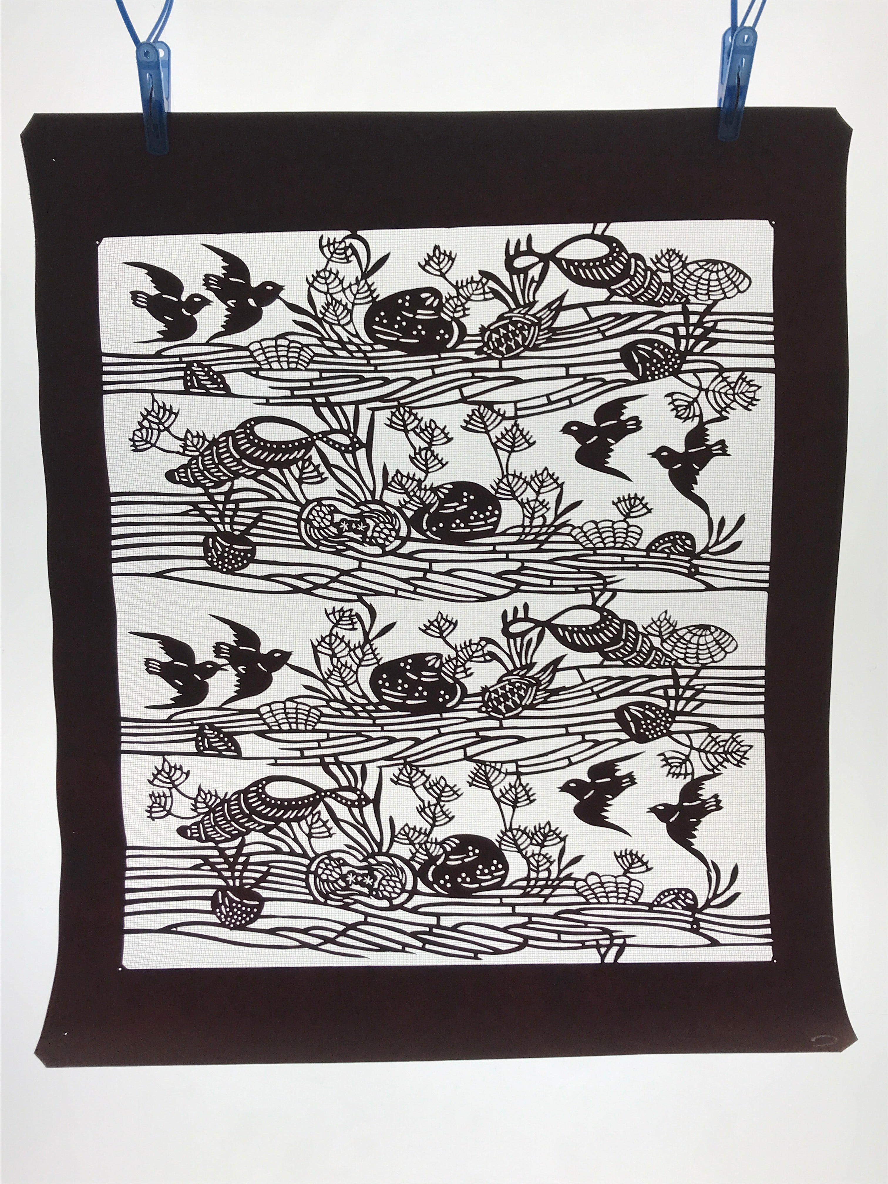Antique Japanese Katagami Kimono Paper Stencil Beach Shells Turtle Bird 4Y468