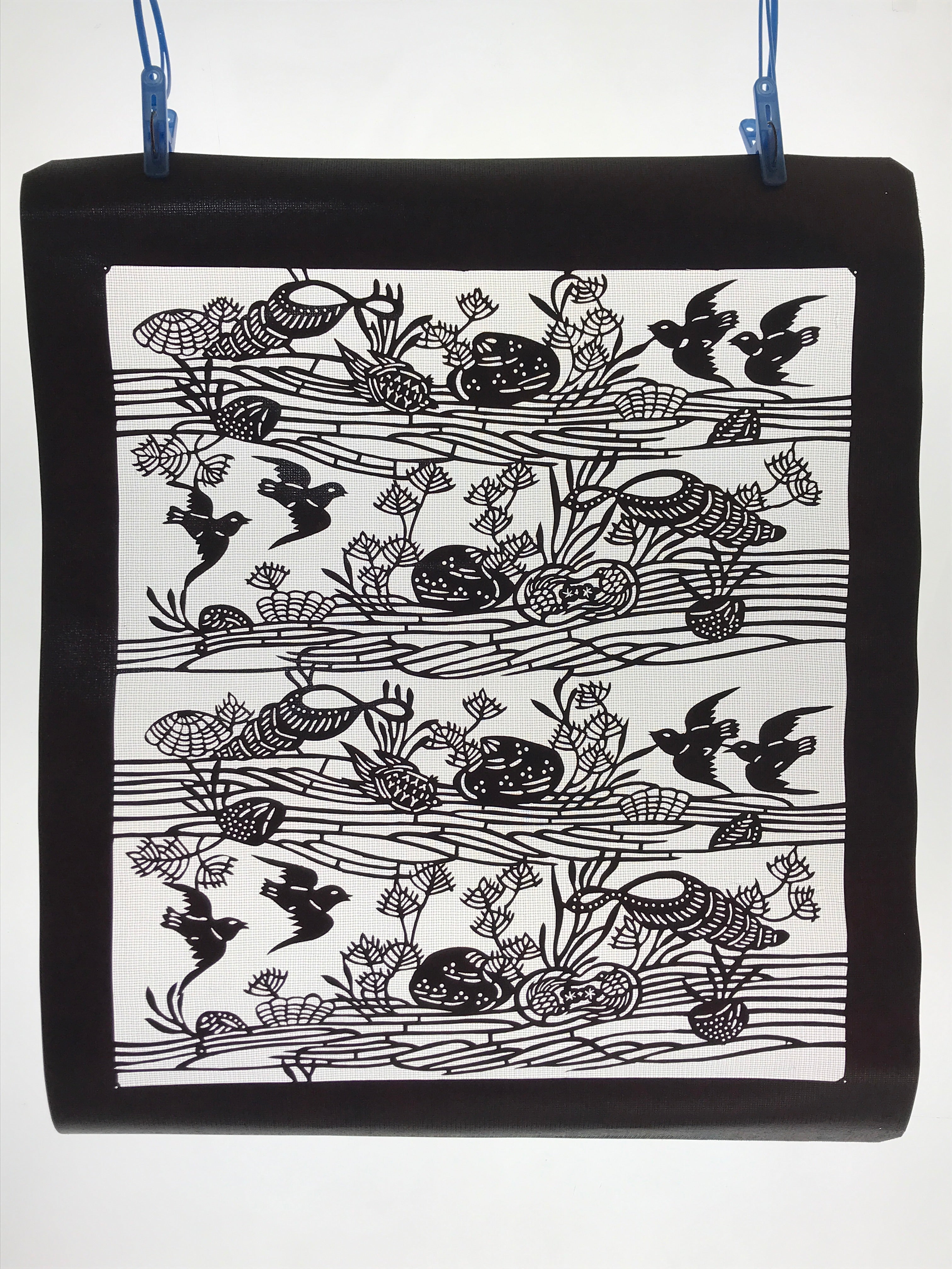 Antique Japanese Katagami Kimono Paper Stencil Beach Shells Turtle Bird 4Y468
