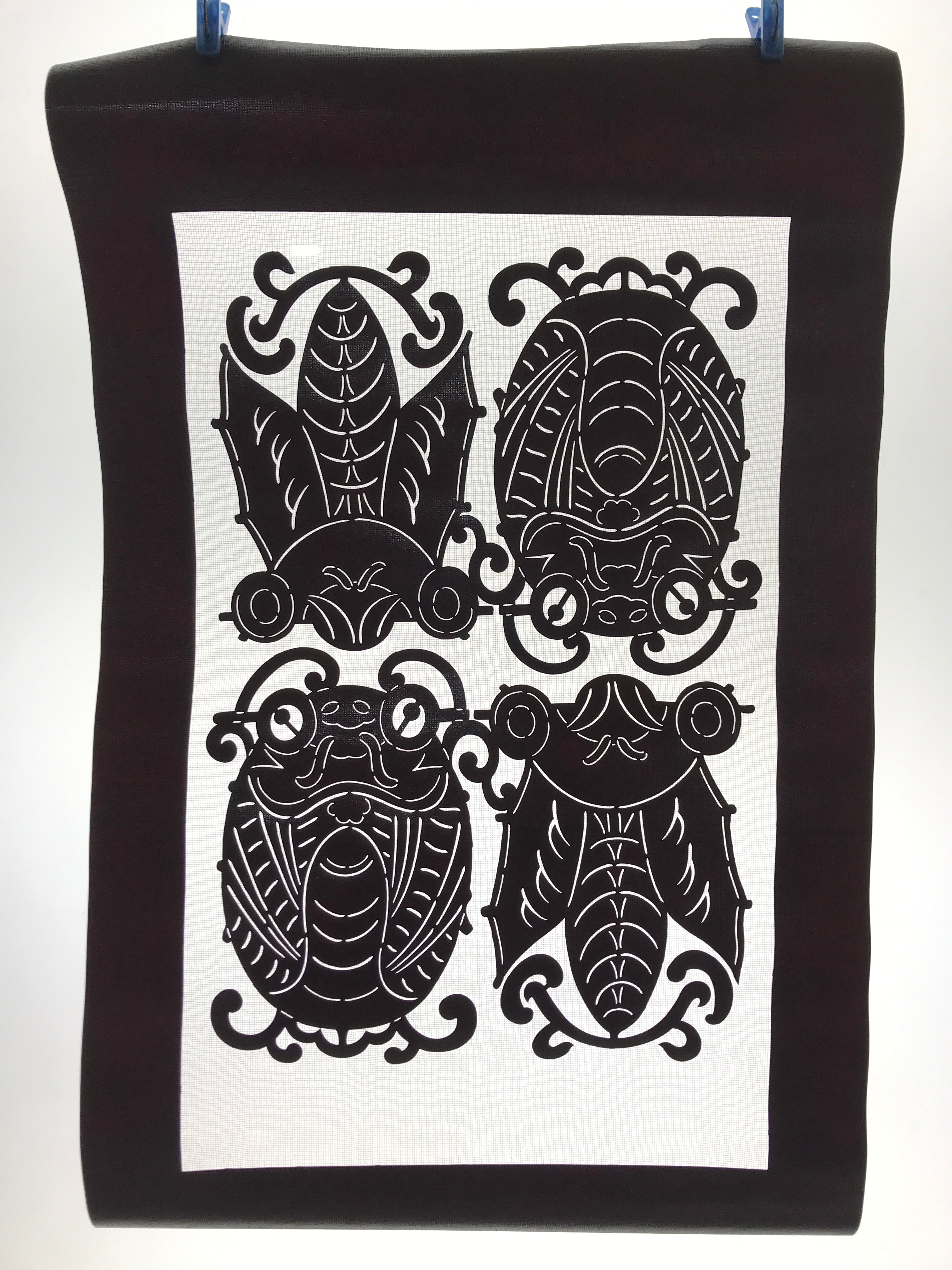 Antique Japanese Katagami Kimono Paper Stencil Beetle Cicada Insect 4Y469