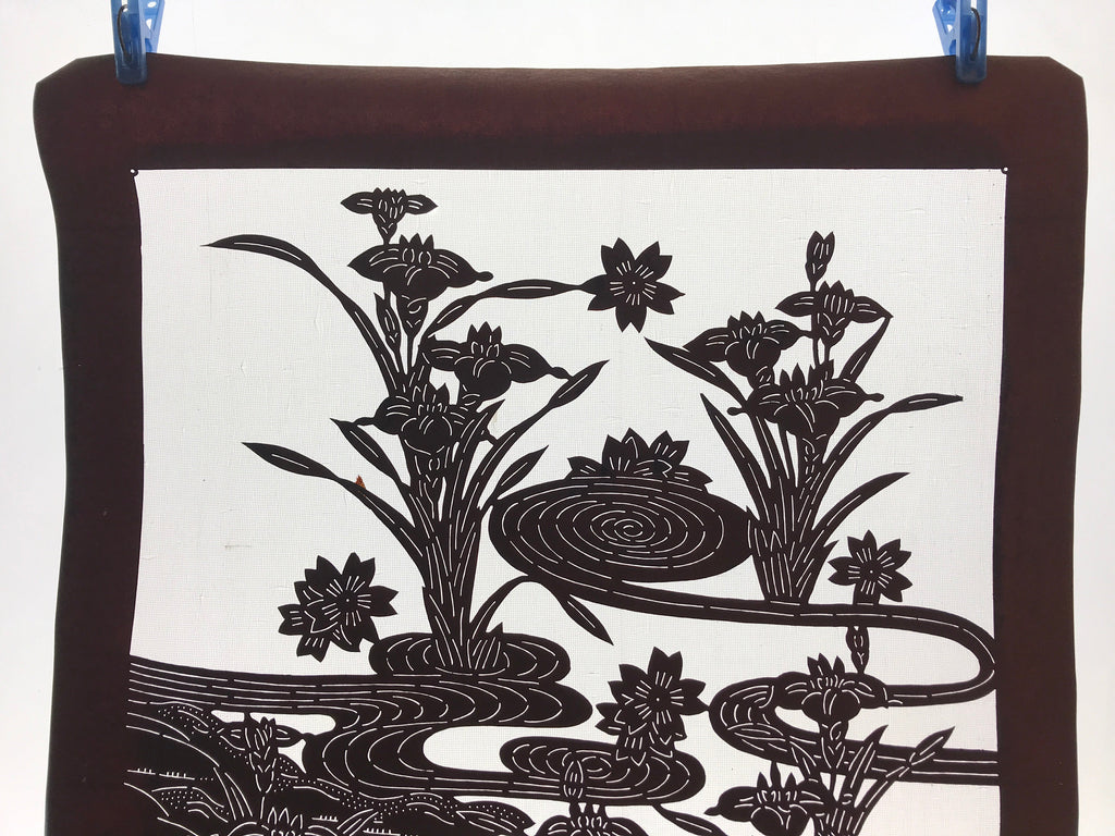 Antique Japanese Katagami Kimono Paper Stencil Cherry Blossom Iris Pond 4Y462