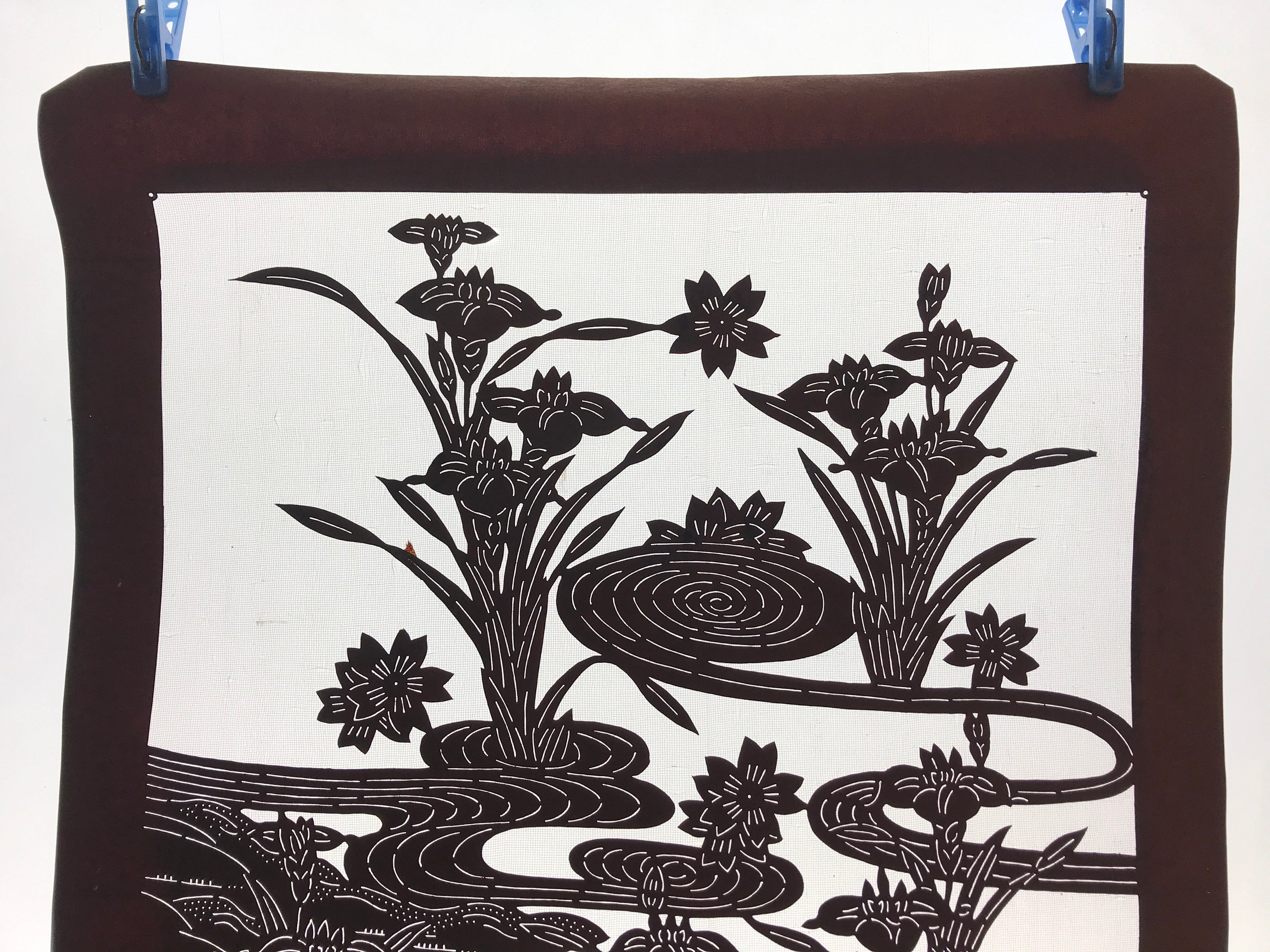 Antique Japanese Katagami Kimono Paper Stencil Cherry Blossom Iris Pond 4Y462