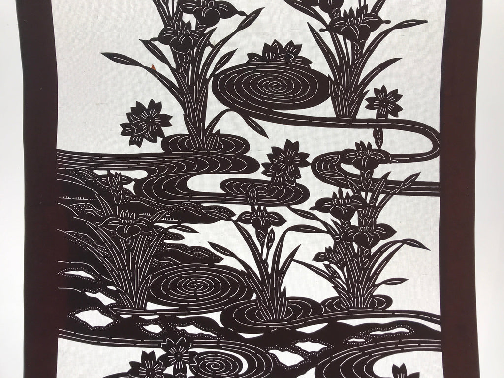 Antique Japanese Katagami Kimono Paper Stencil Cherry Blossom Iris Pond 4Y462