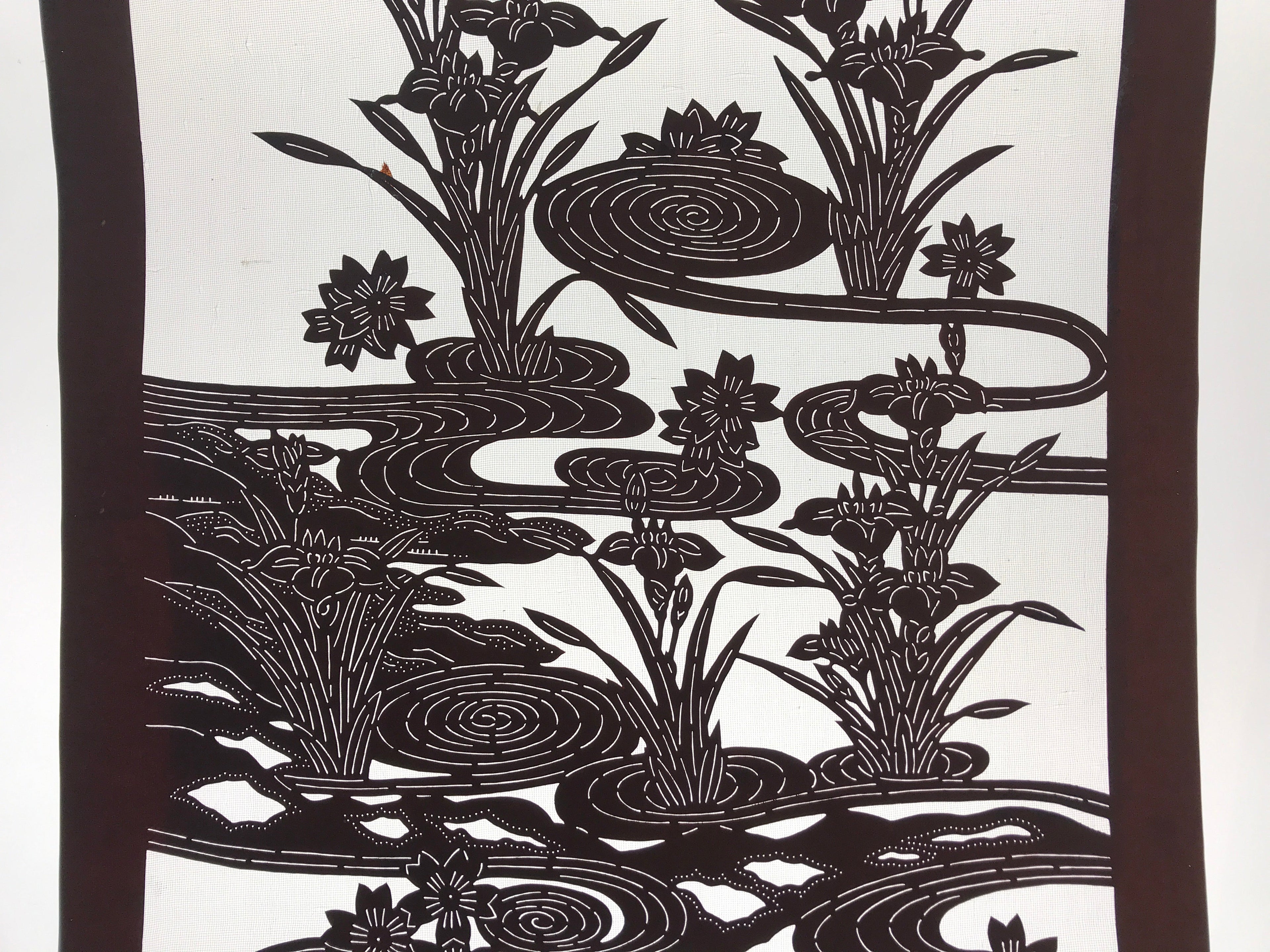 Antique Japanese Katagami Kimono Paper Stencil Cherry Blossom Iris Pond 4Y462