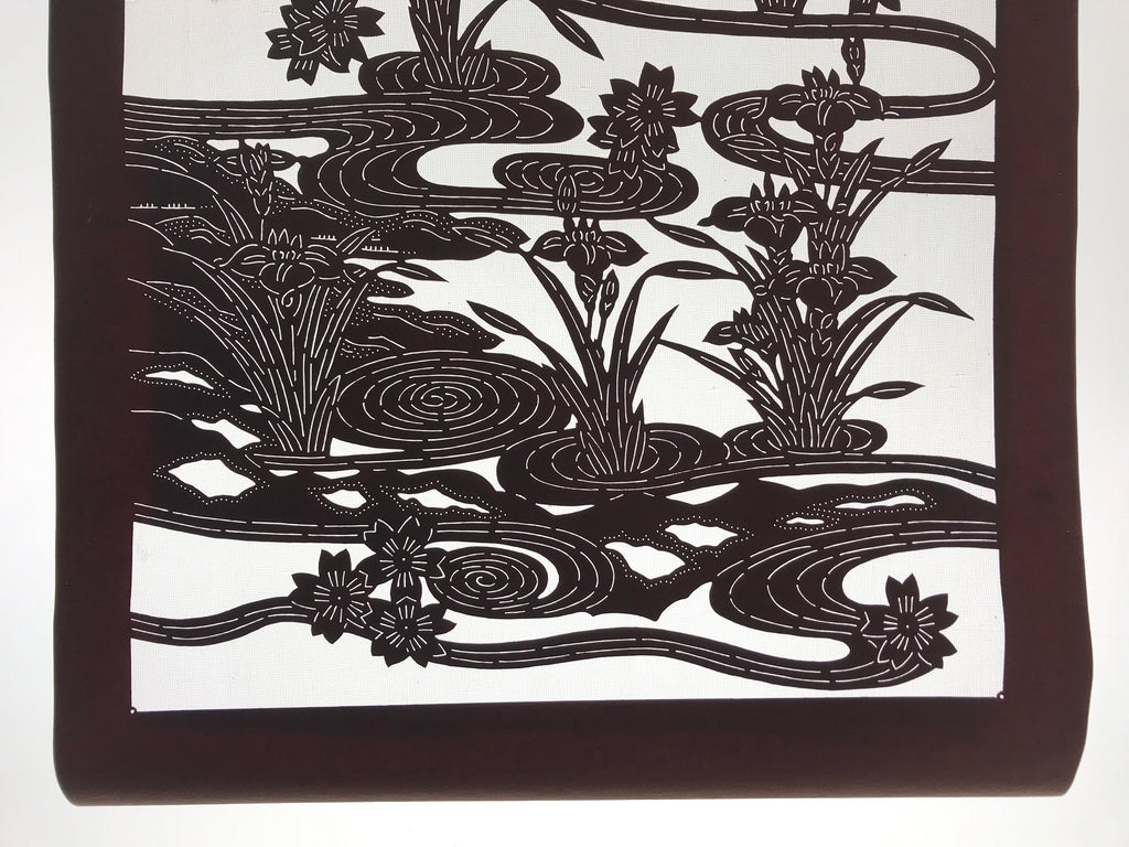 Antique Japanese Katagami Kimono Paper Stencil Cherry Blossom Iris Pond 4Y462