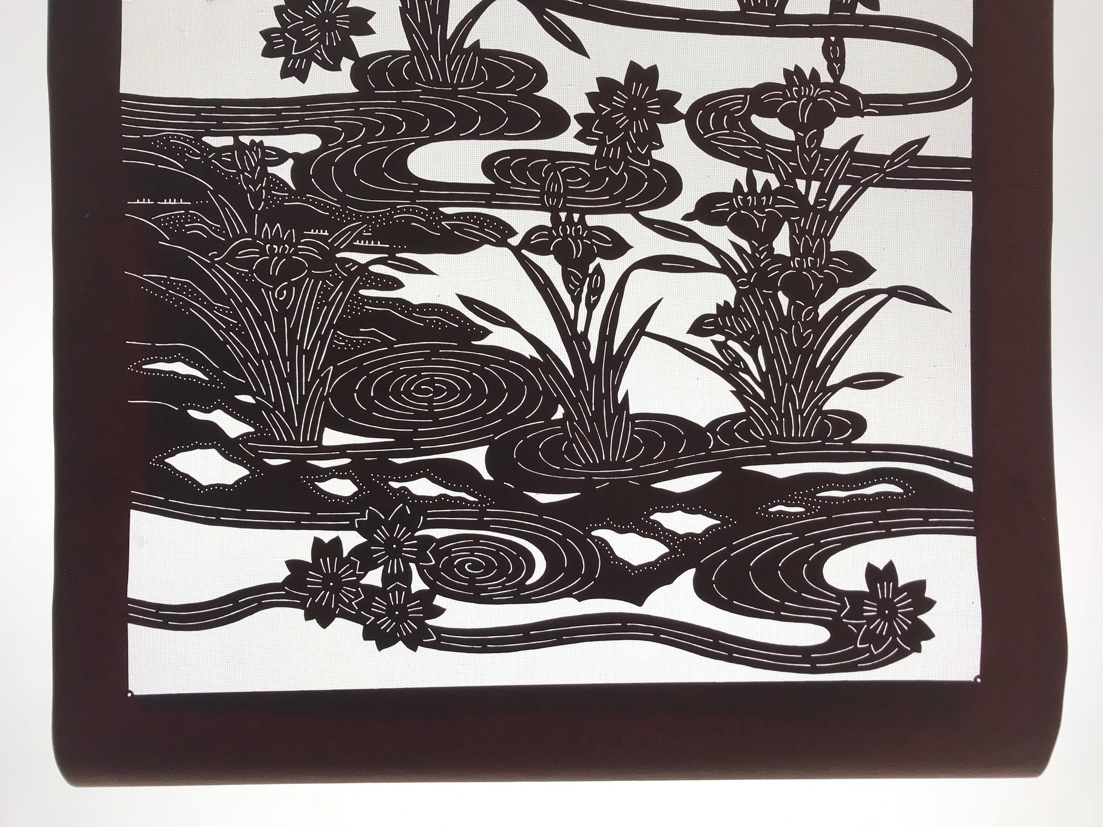 Antique Japanese Katagami Kimono Paper Stencil Cherry Blossom Iris Pond 4Y462