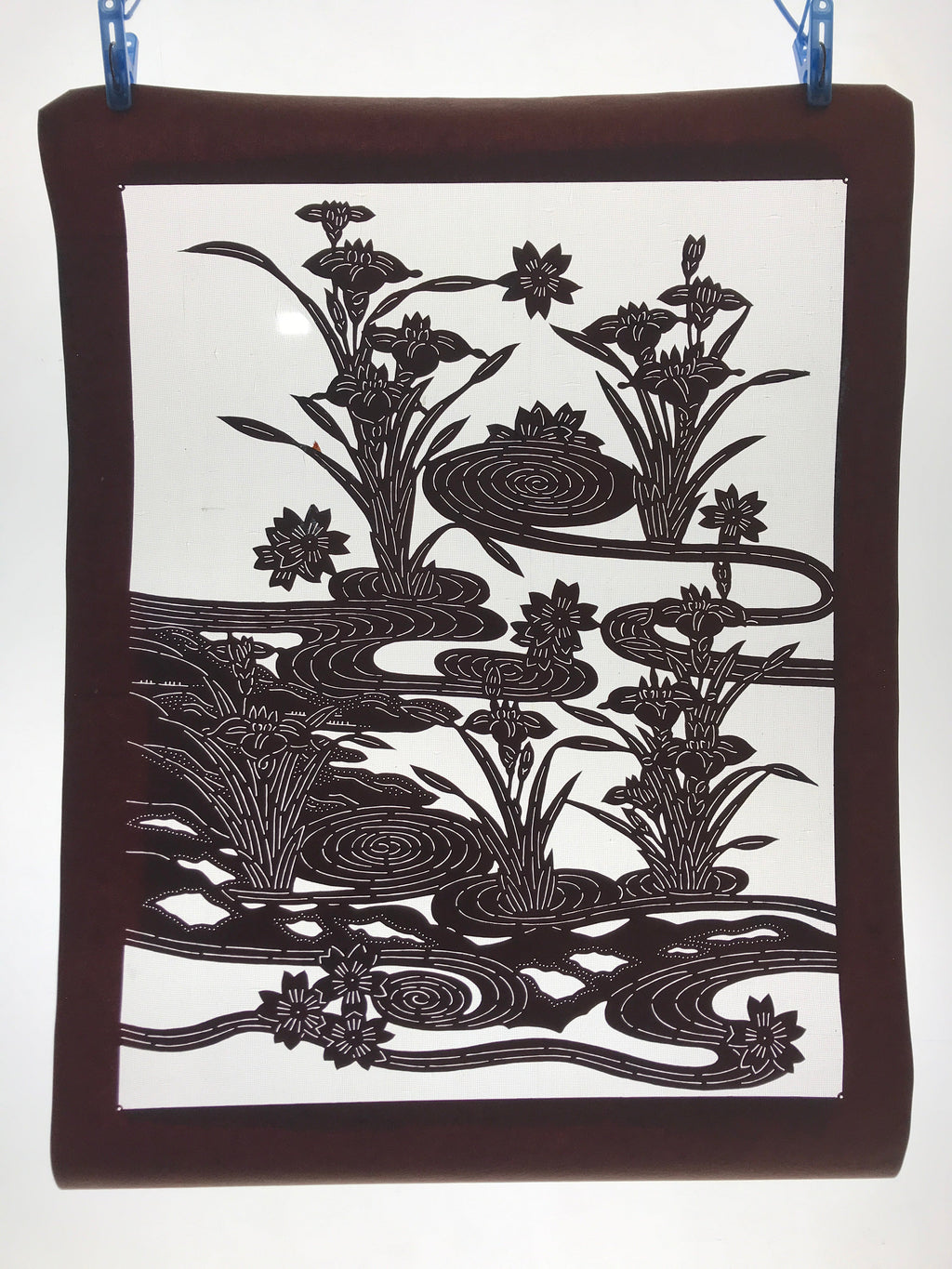 Antique Japanese Katagami Kimono Paper Stencil Cherry Blossom Iris Pond 4Y462
